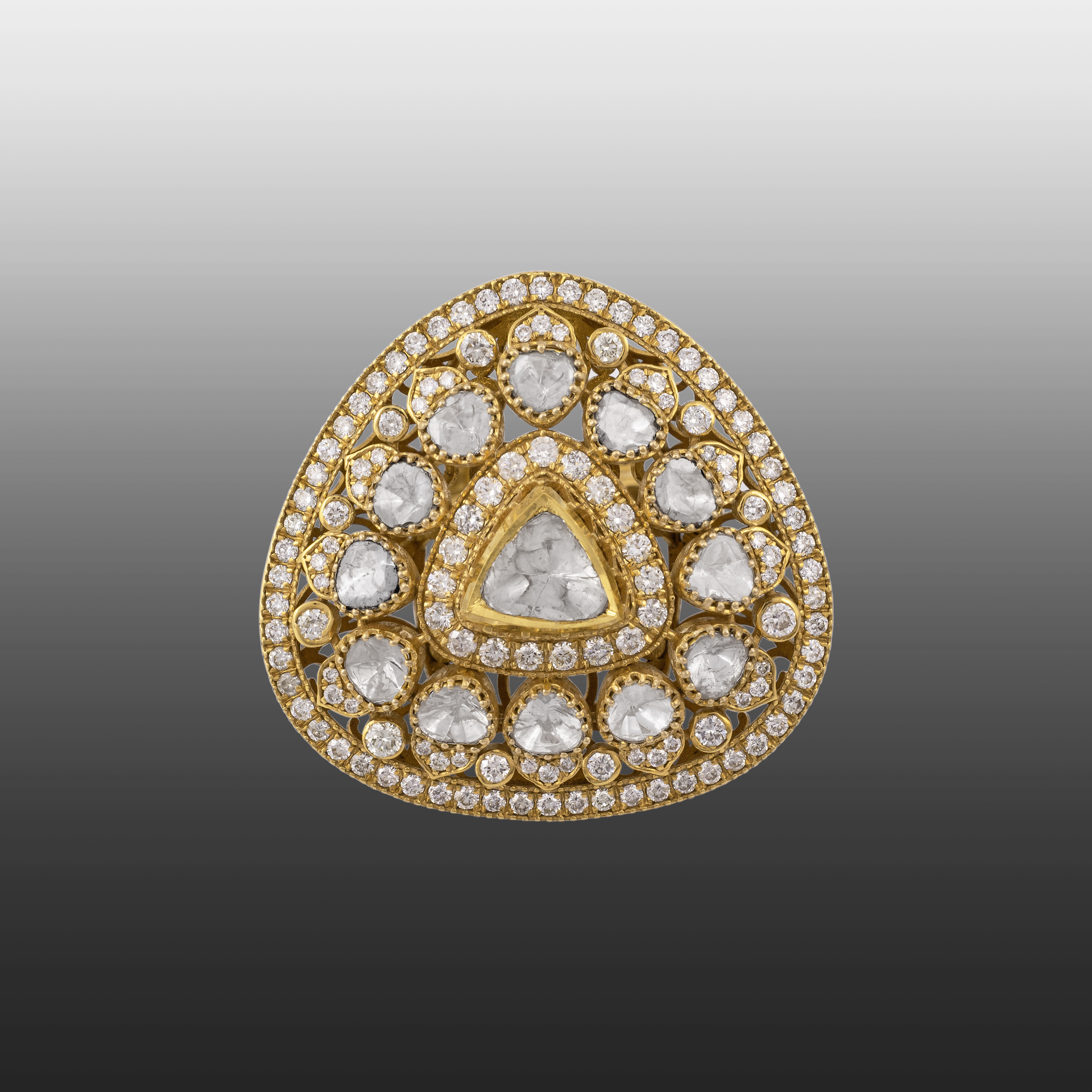 Triangular Jadau Ring in Ivory Gold Finish