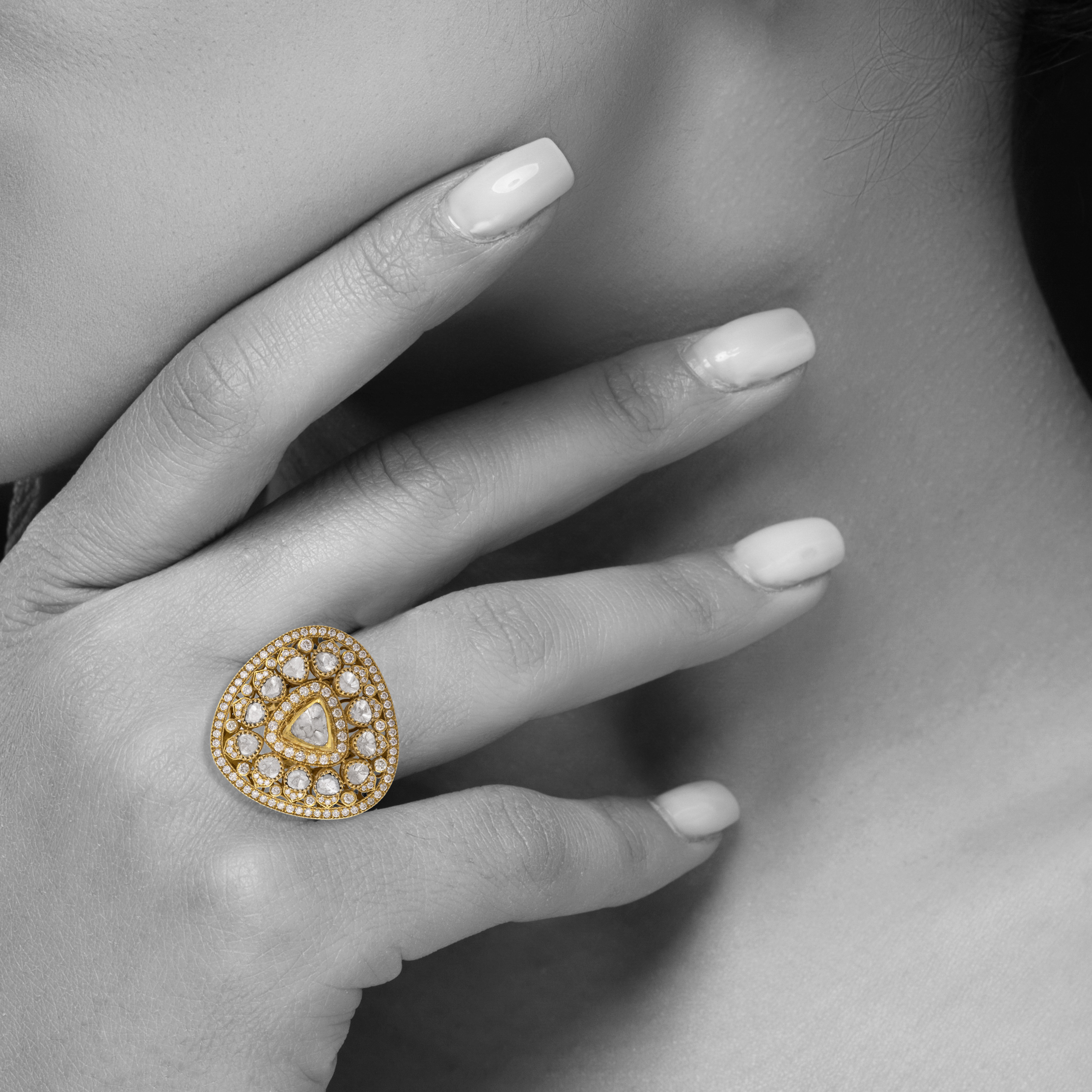Triangular Jadau Ring in Ivory Gold Finish