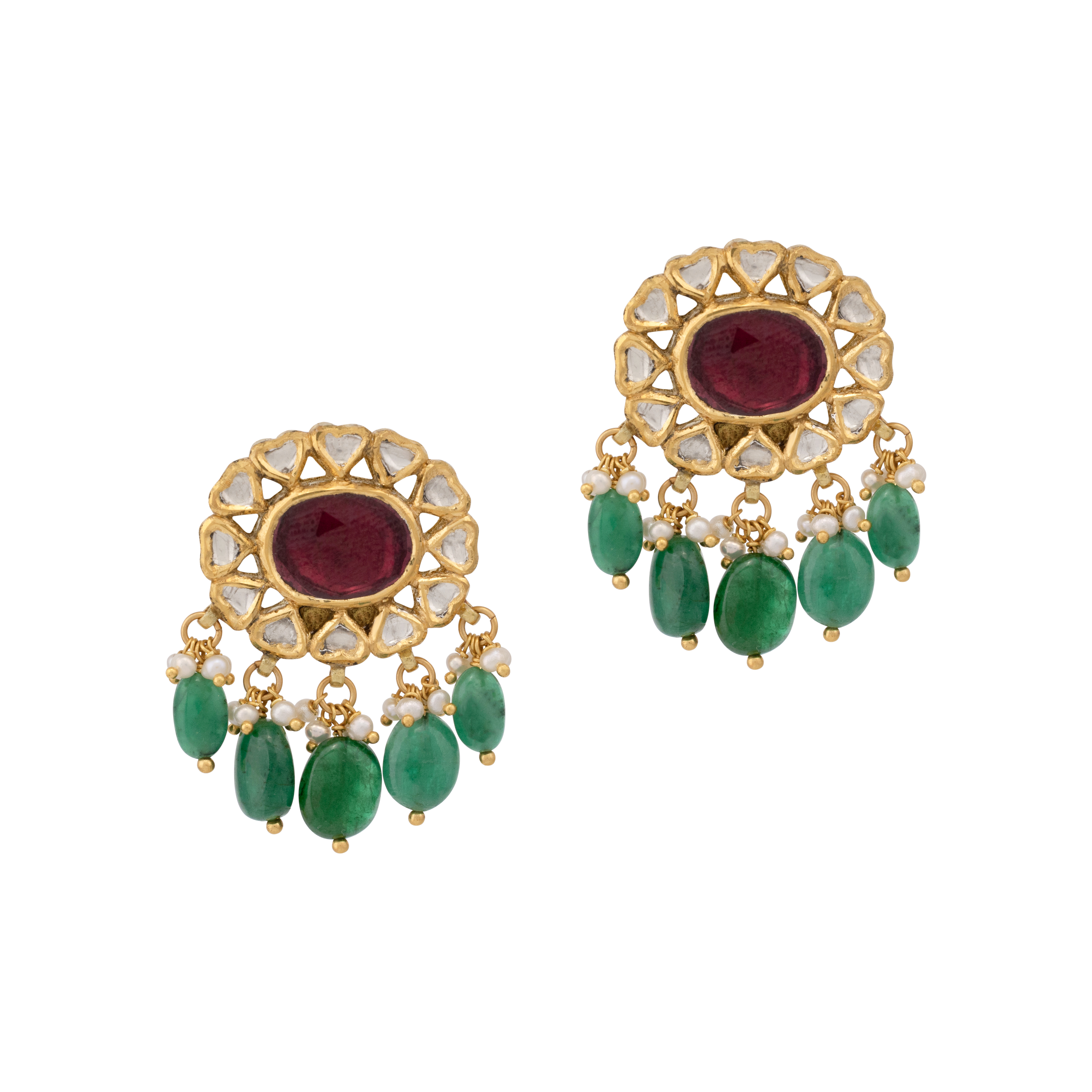 Floral Polki Earring with Ruby Centre and Emerald Drops