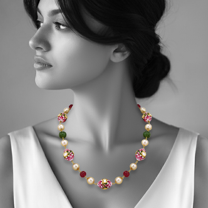 Lotus Enamel Necklace with Polki, Pearls and Carved Beads