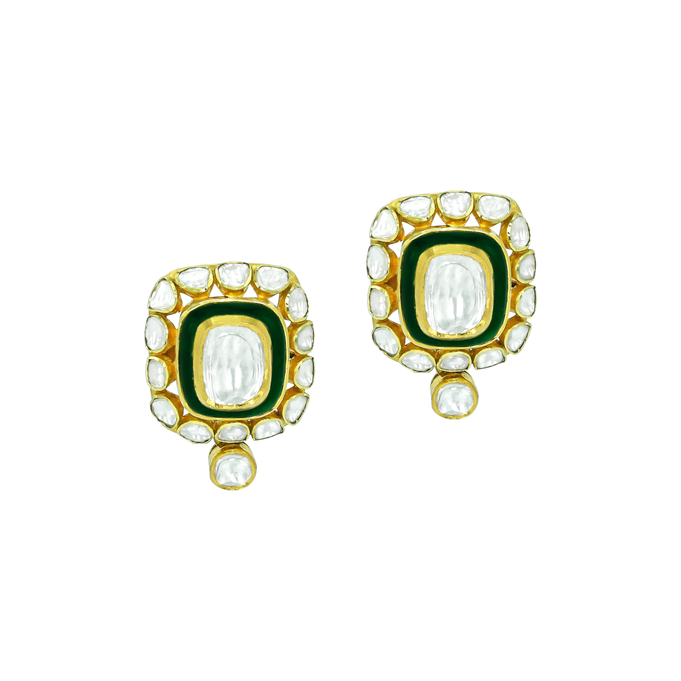 Polki Stud Earrings with Green Enamel Border and Drop Accent