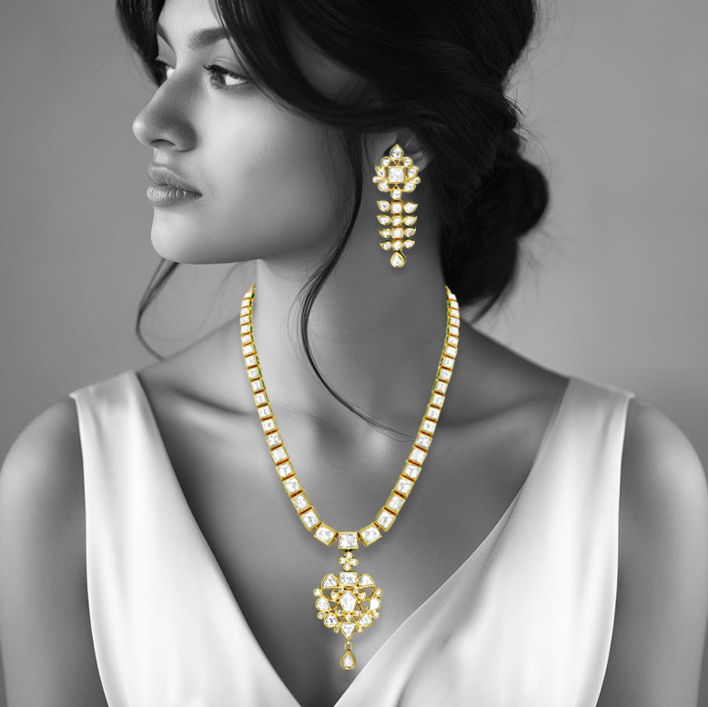 Polki Necklace Set with Pendant and Teardrop Accent