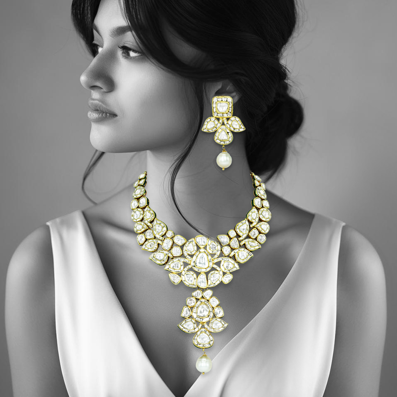 Asymmetrical Polki Necklace Set with Green Enamel and Pearl Drop