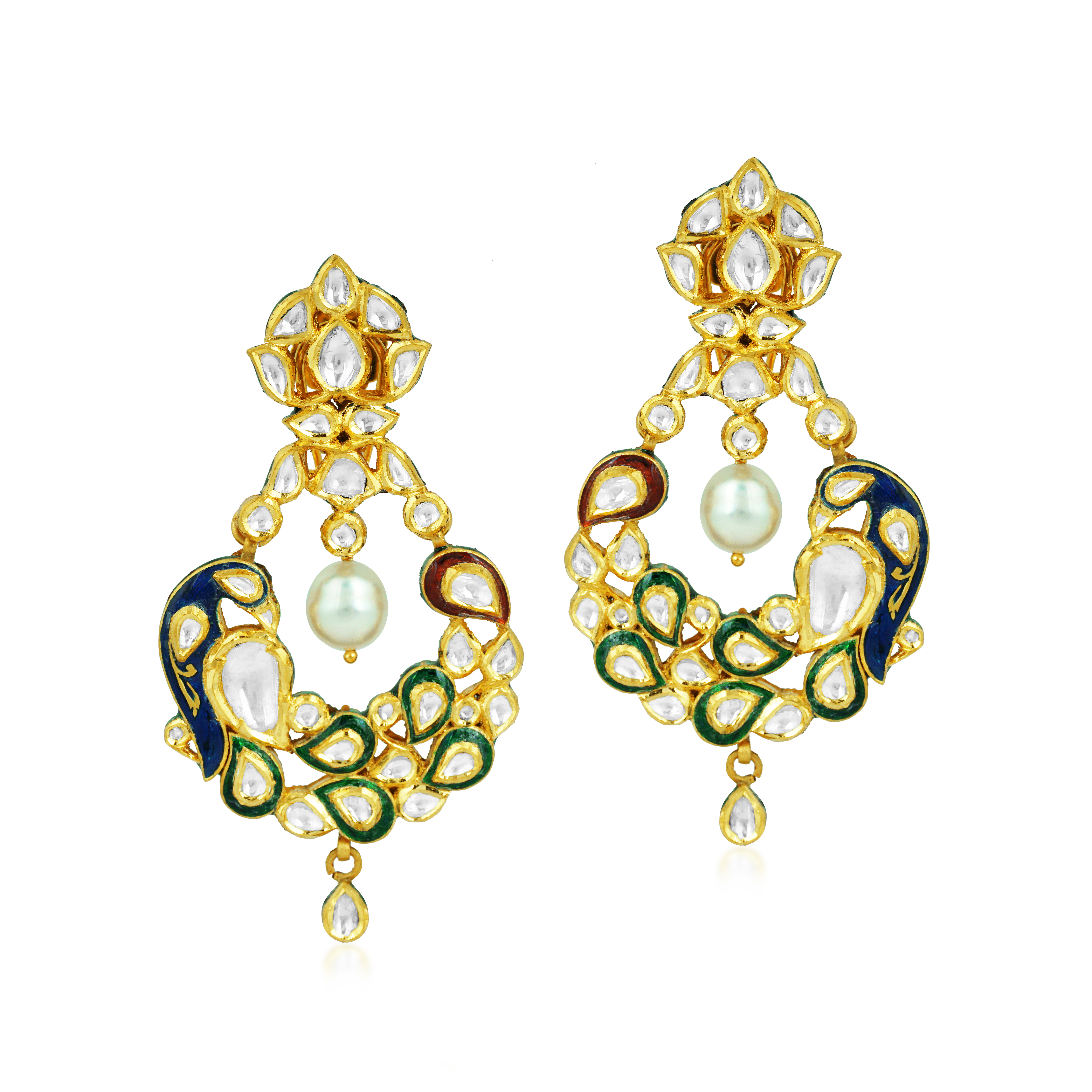 Peacock Motif Earrings with Polki, Enamel, and Pearl Drop