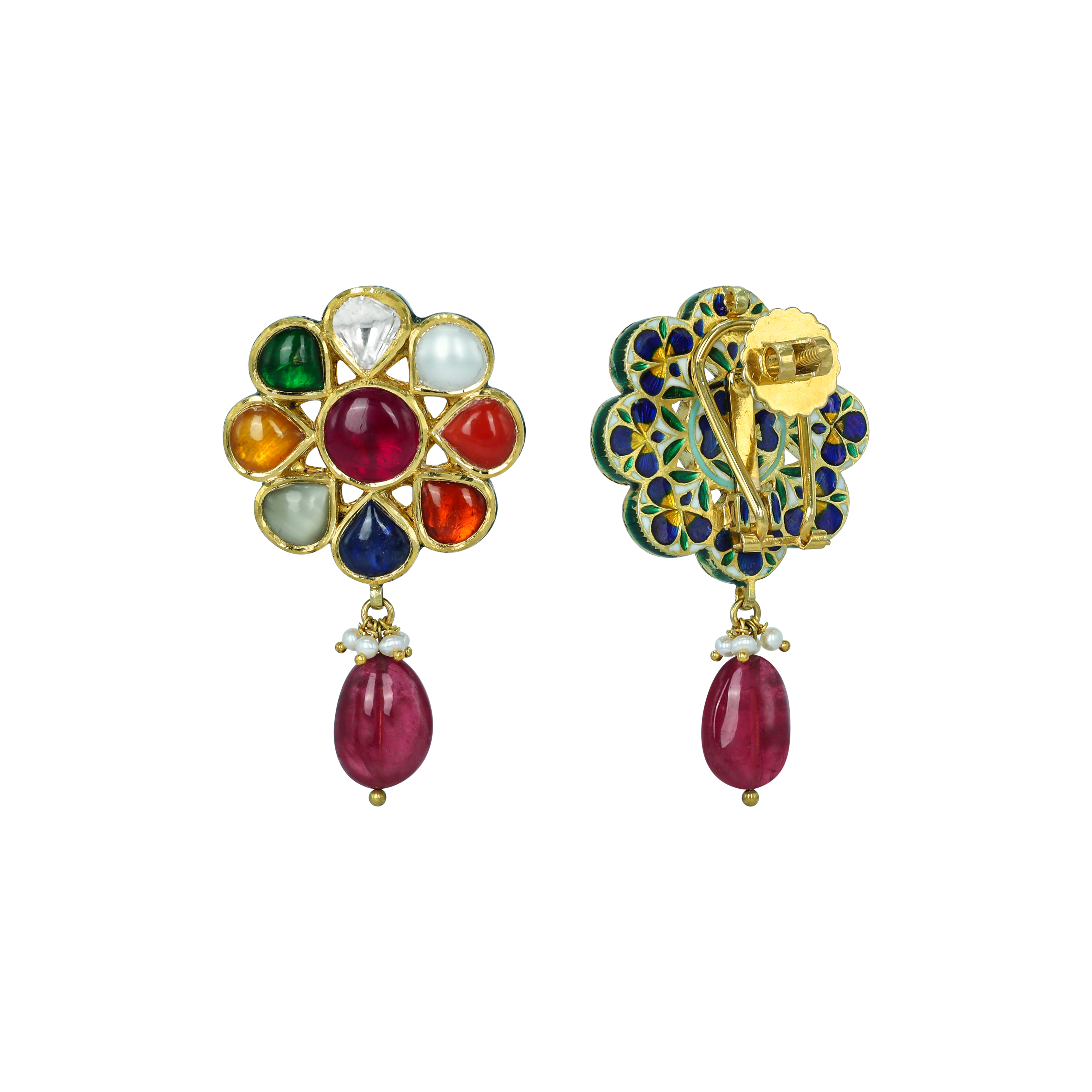 Navratan Floral Earrings with Ruby Drops
