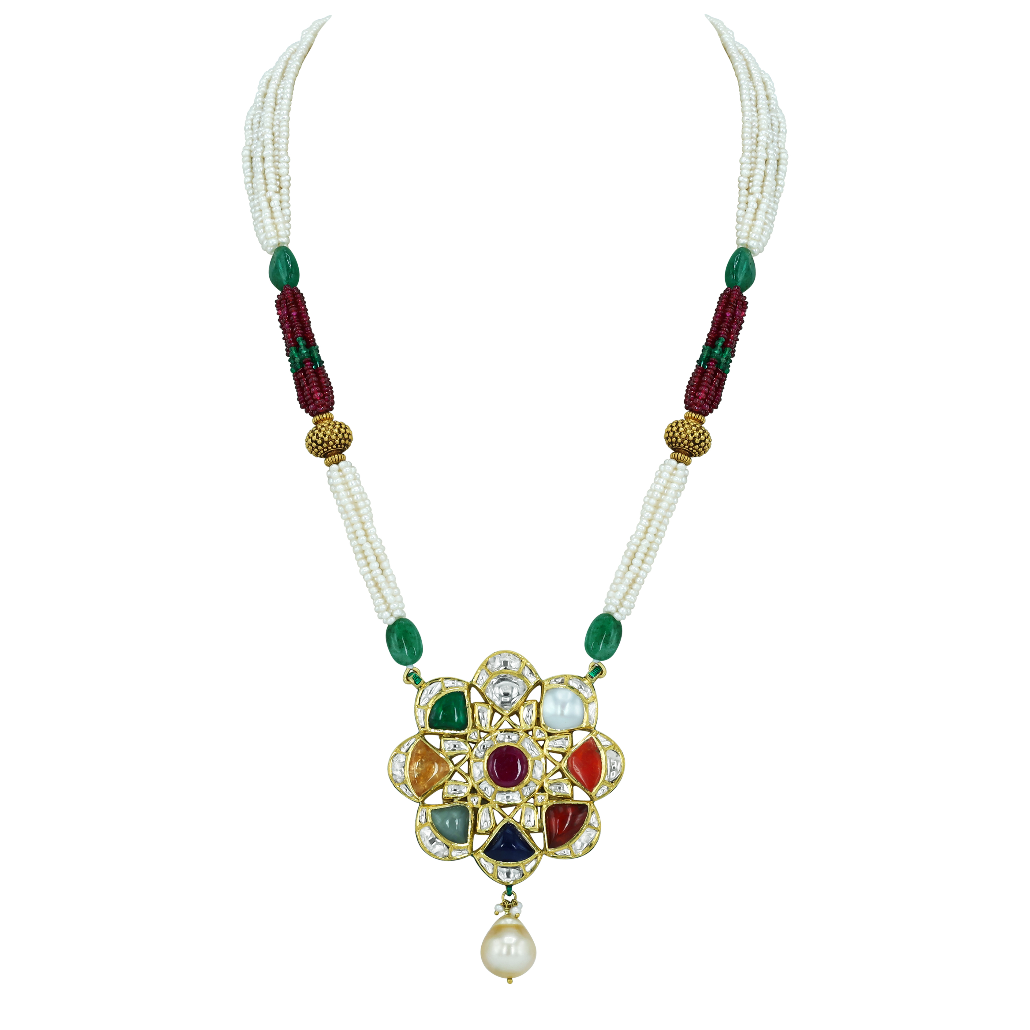 Navaratna Pendant Necklace with Pearls, Emeralds, and Ruby Beads