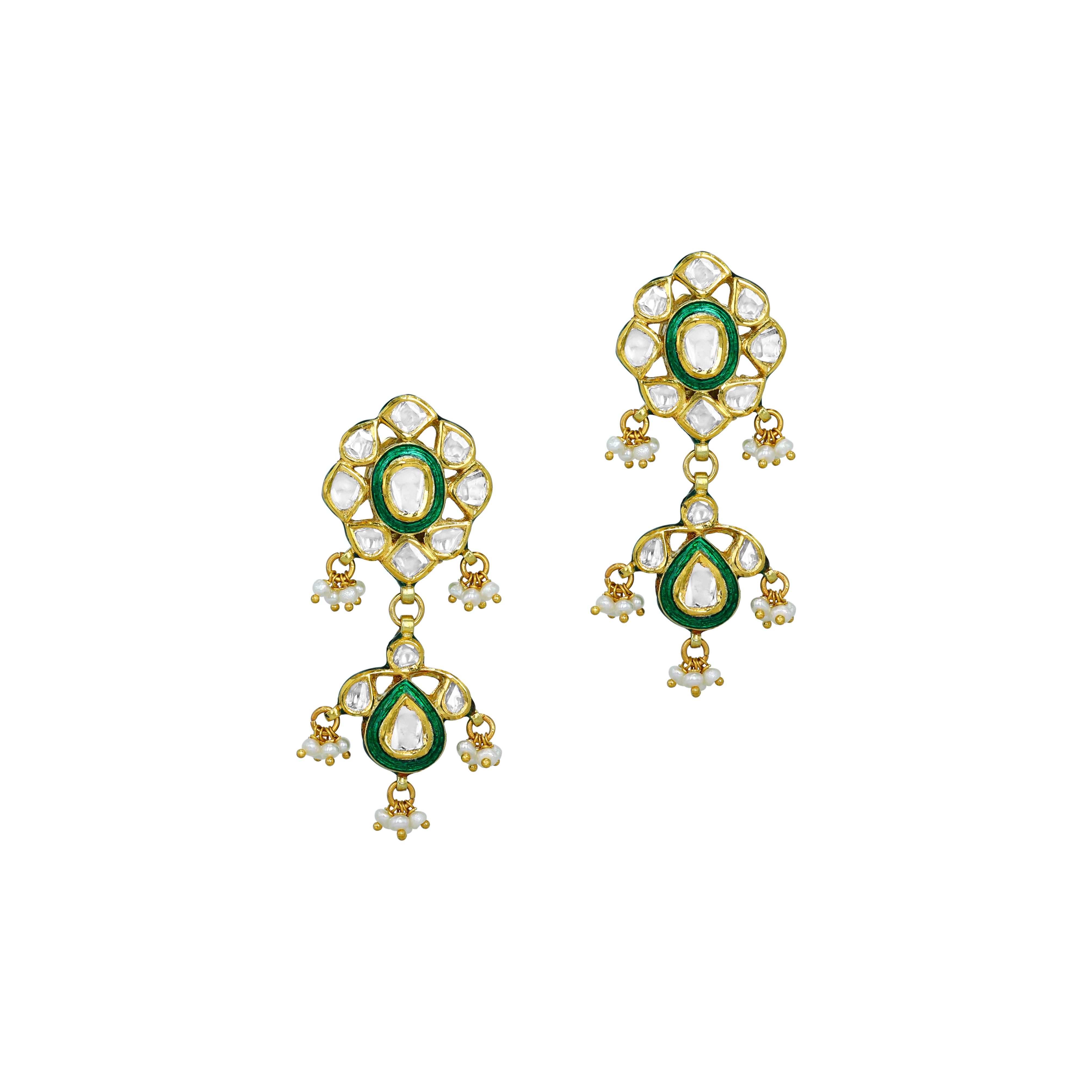 Polki Earrings with Green Enamel and Pearls