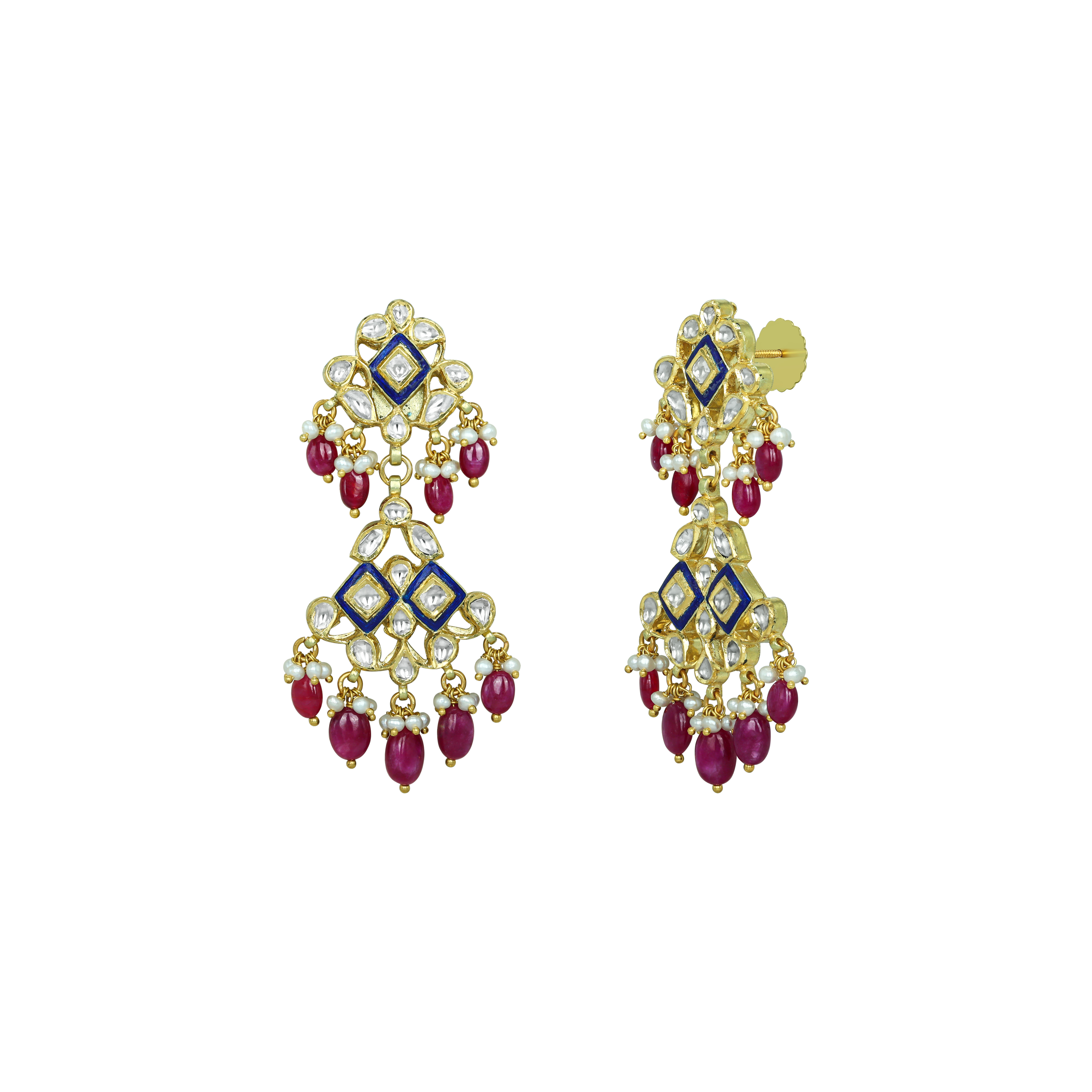 Cascading Polki Earrings with Blue Enamel, Ruby, and Pearls