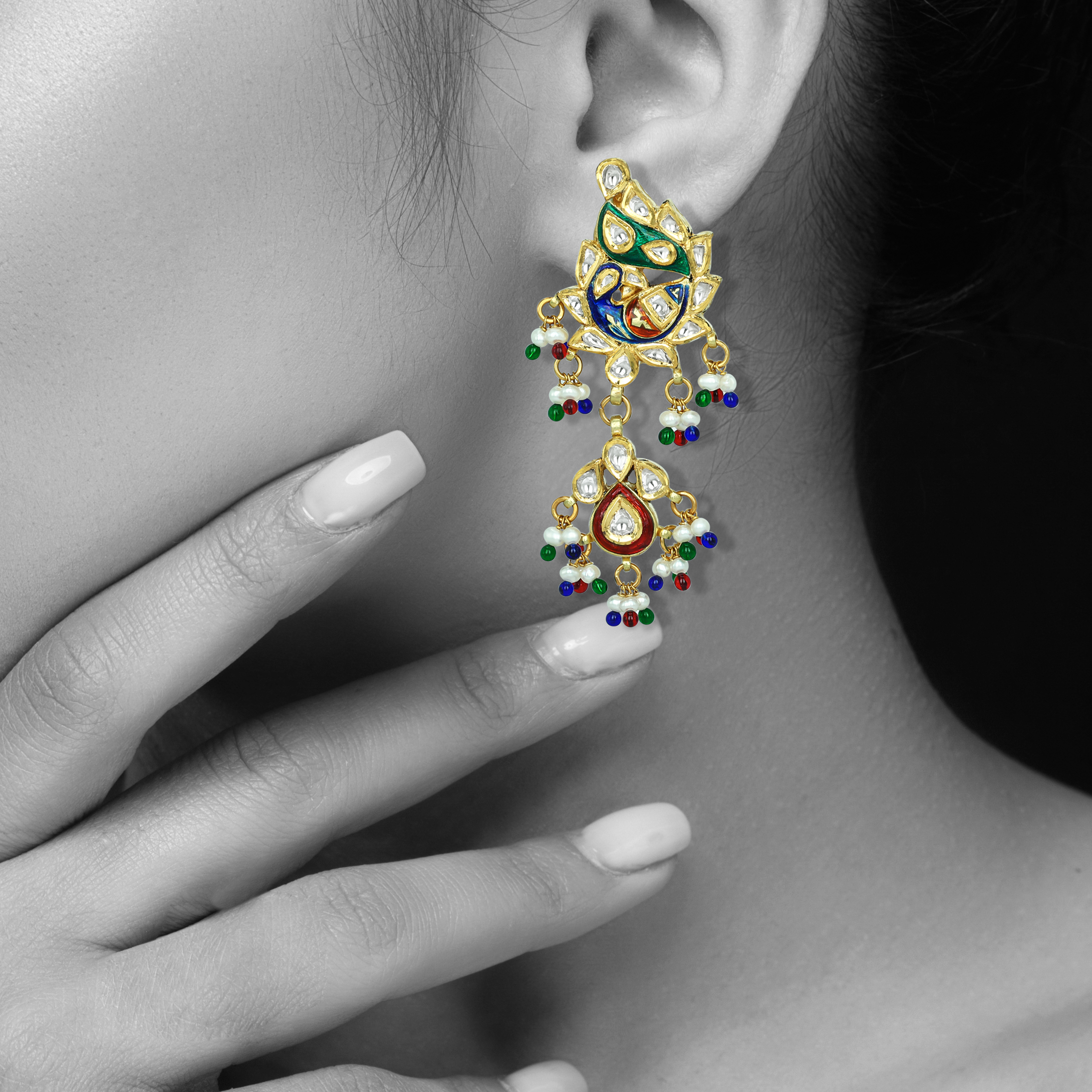 Peacock Polki Earrings with Enamel Peacock and Beads