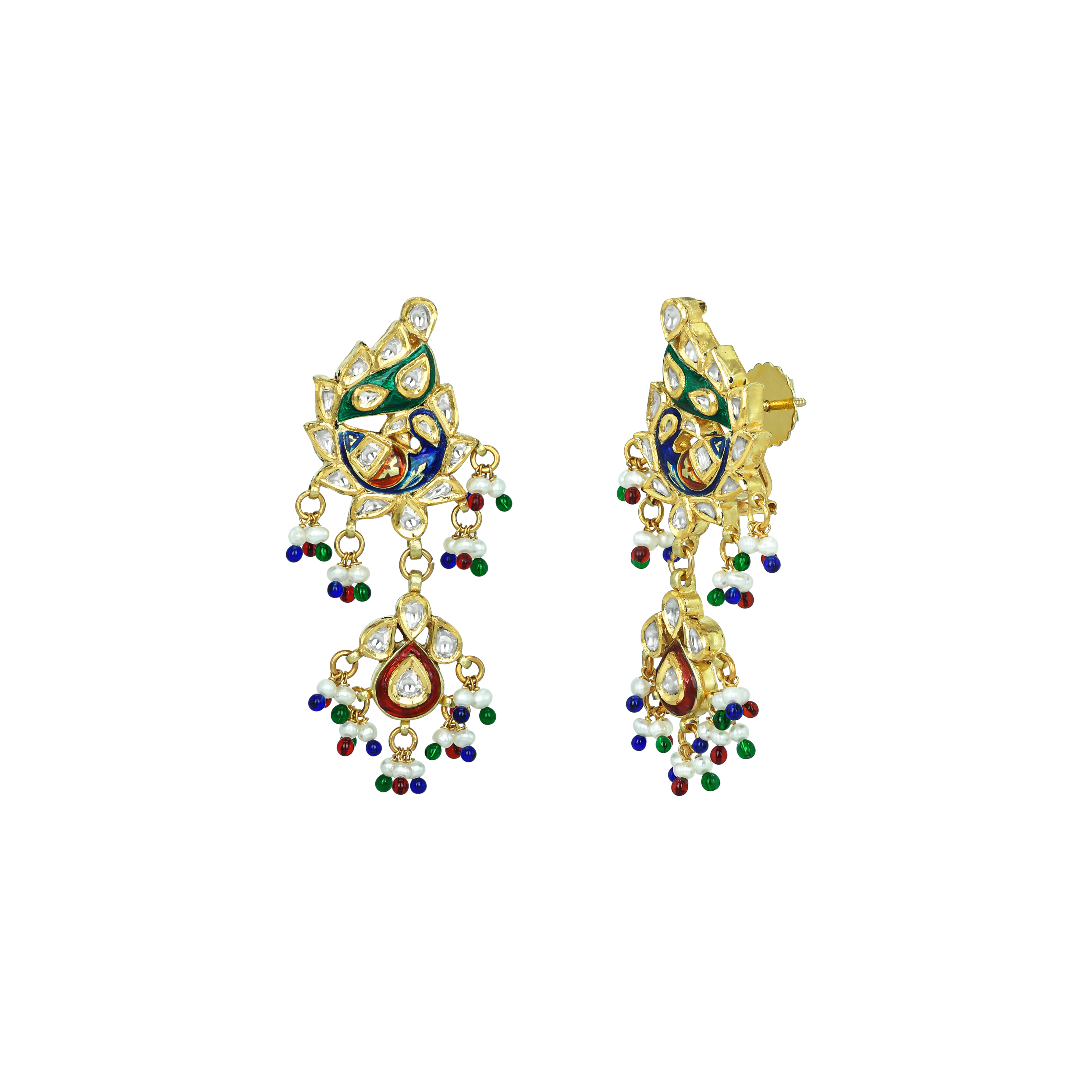 Peacock Polki Earrings with Enamel Peacock and Beads