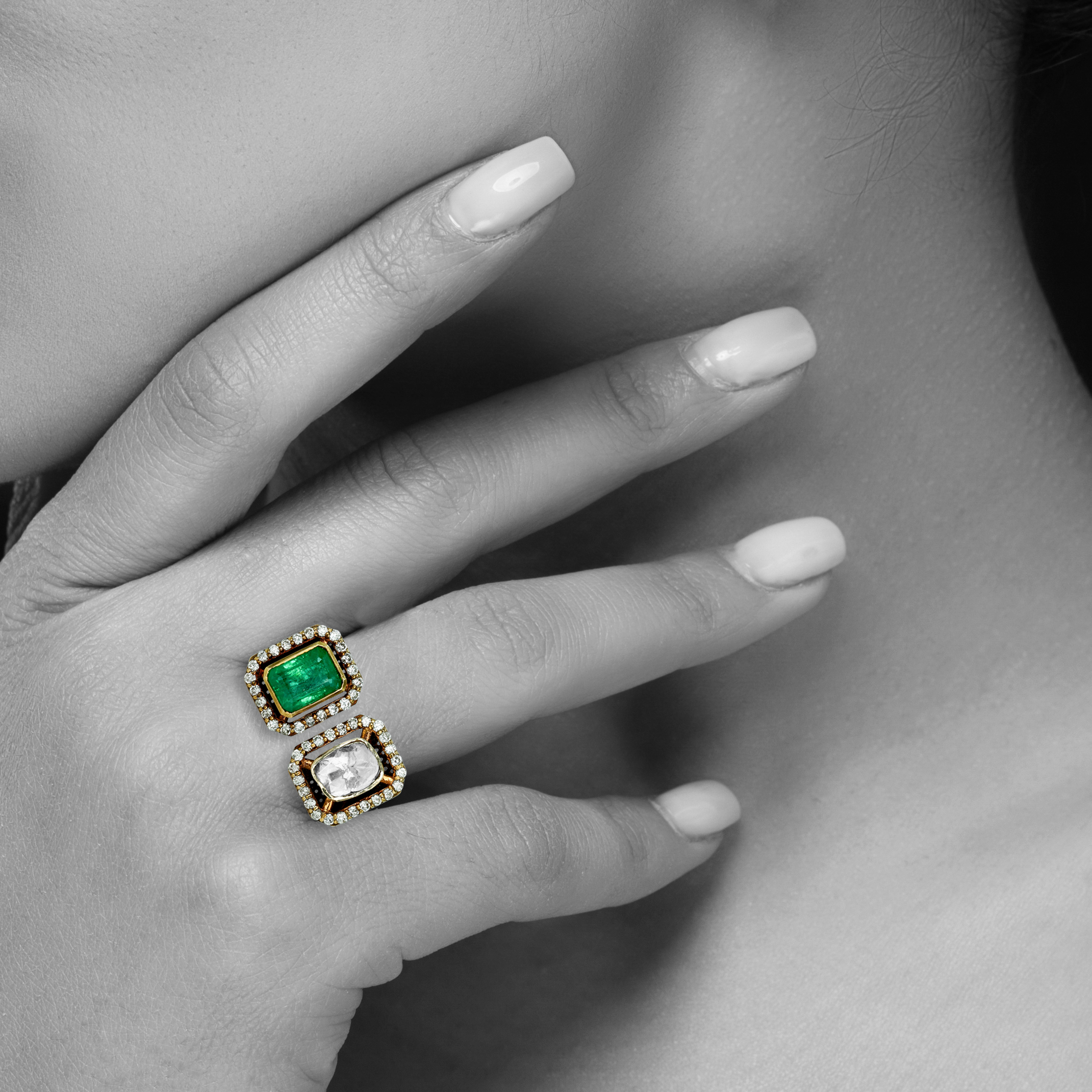 Emerald and Polki Diamond Ring with Dual Halo