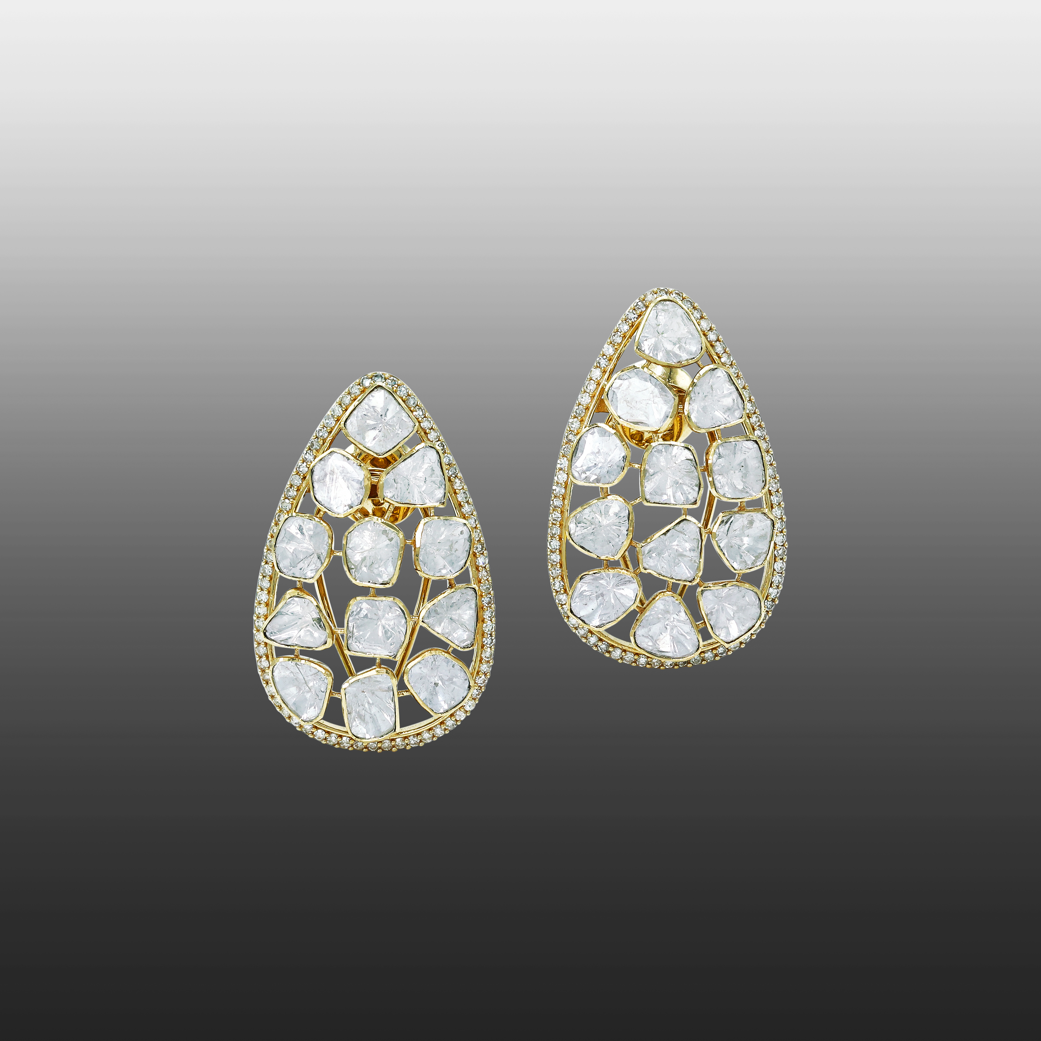 Teardrop Polki Earrings with Lattice Design and Diamond Border