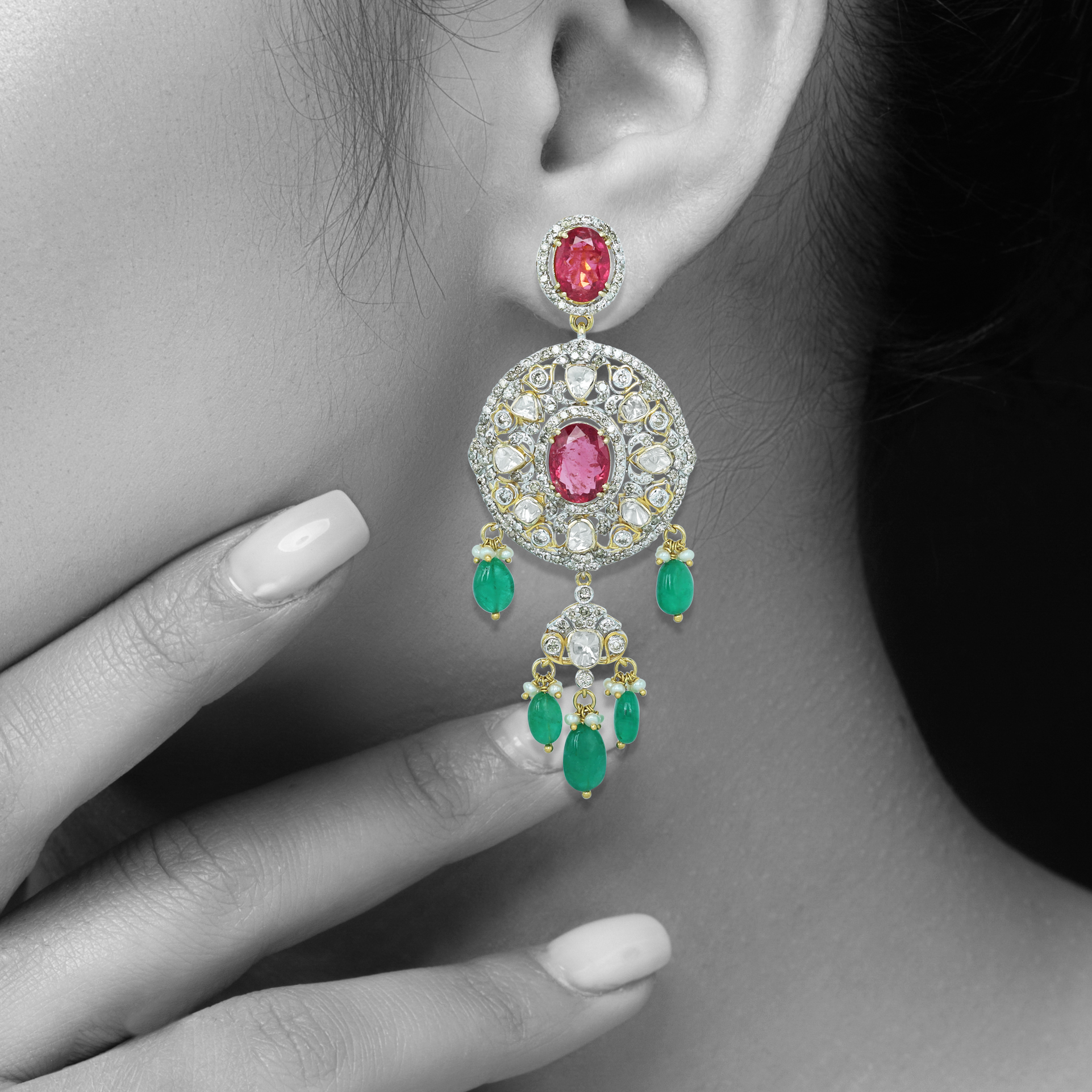 Tourmaline Earrings with Polki Diamonds and Emerald Drops