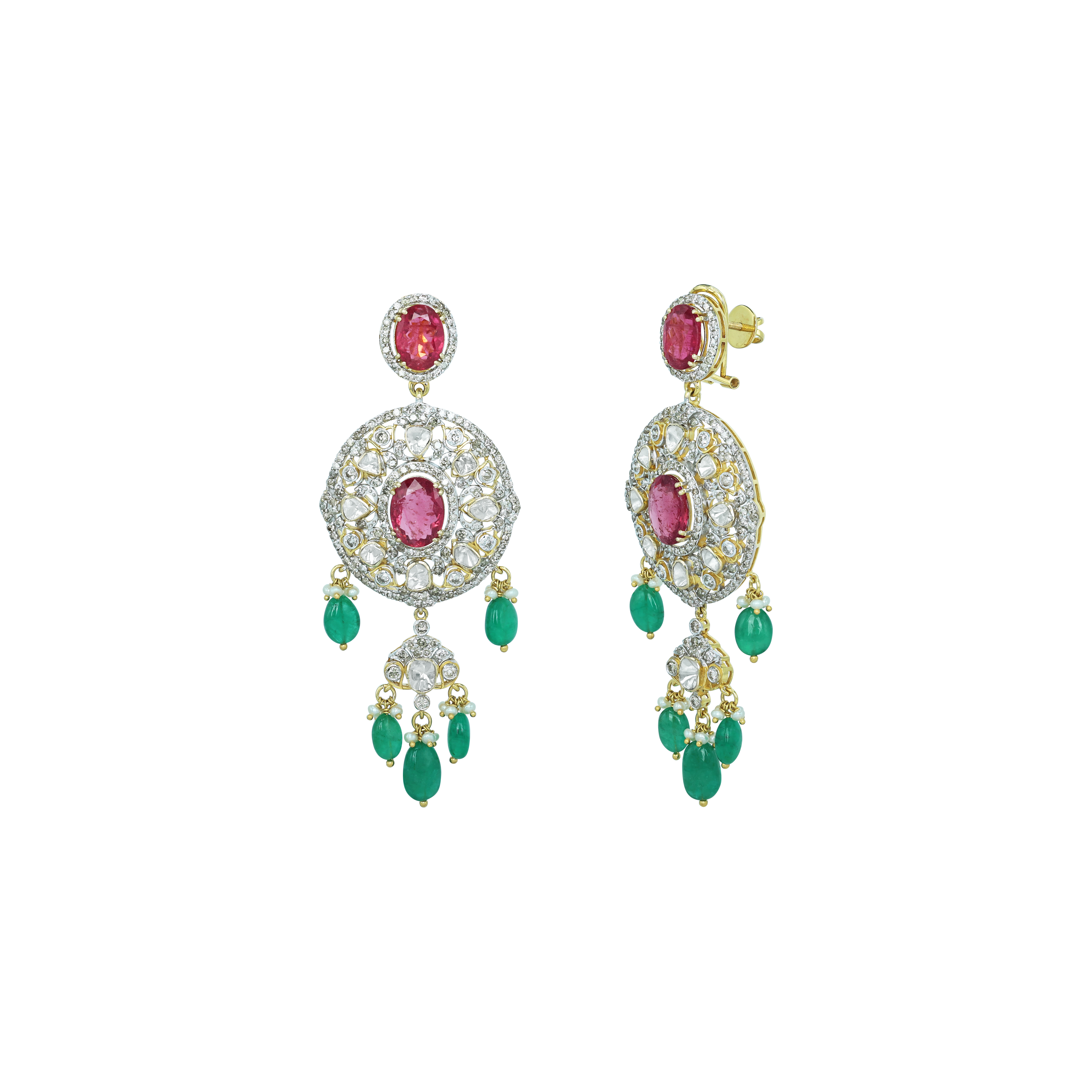 Tourmaline Earrings with Polki Diamonds and Emerald Drops