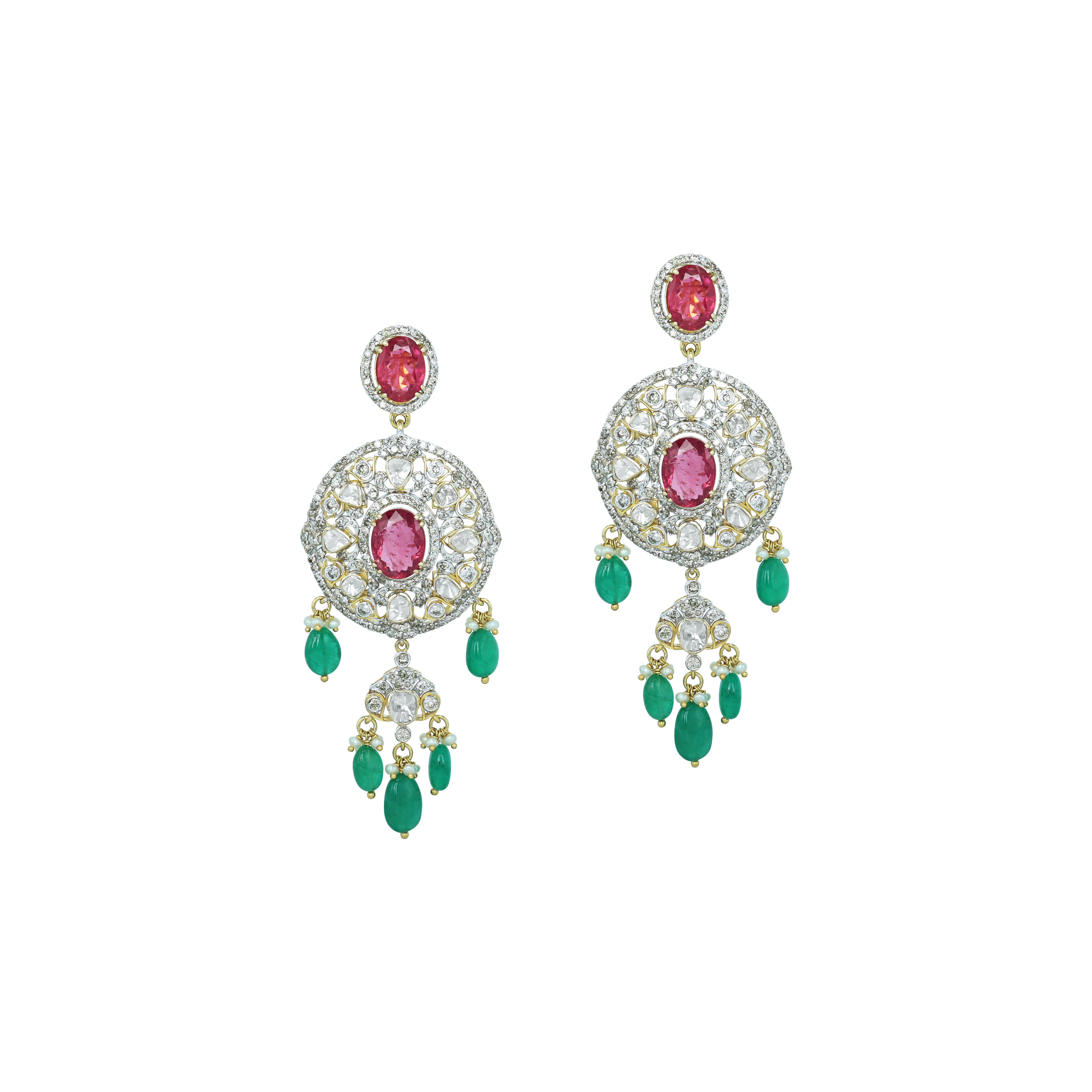 Tourmaline Earrings with Polki Diamonds and Emerald Drops
