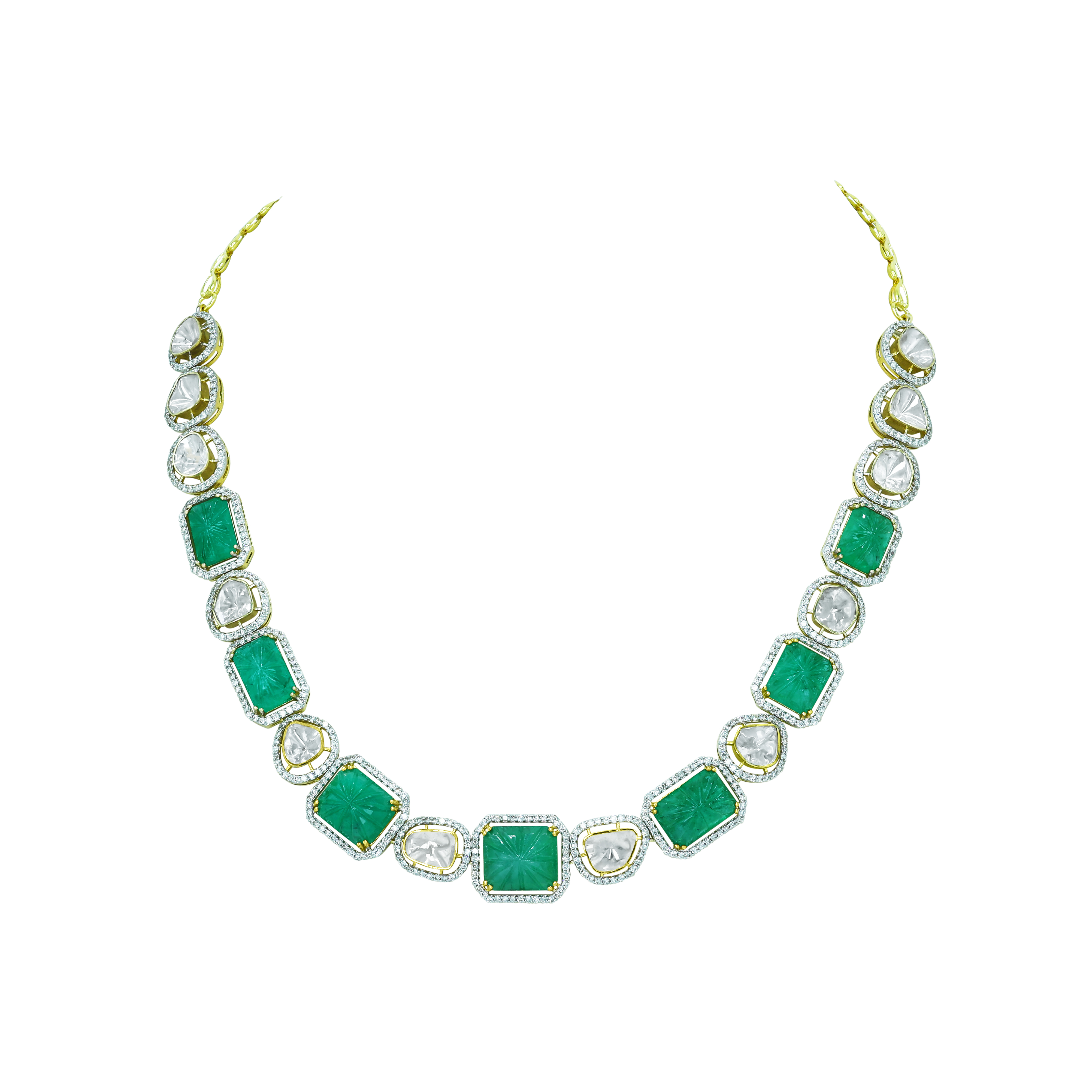 Carved Emerald and Polki Diamond Necklace with Alternating Pattern
