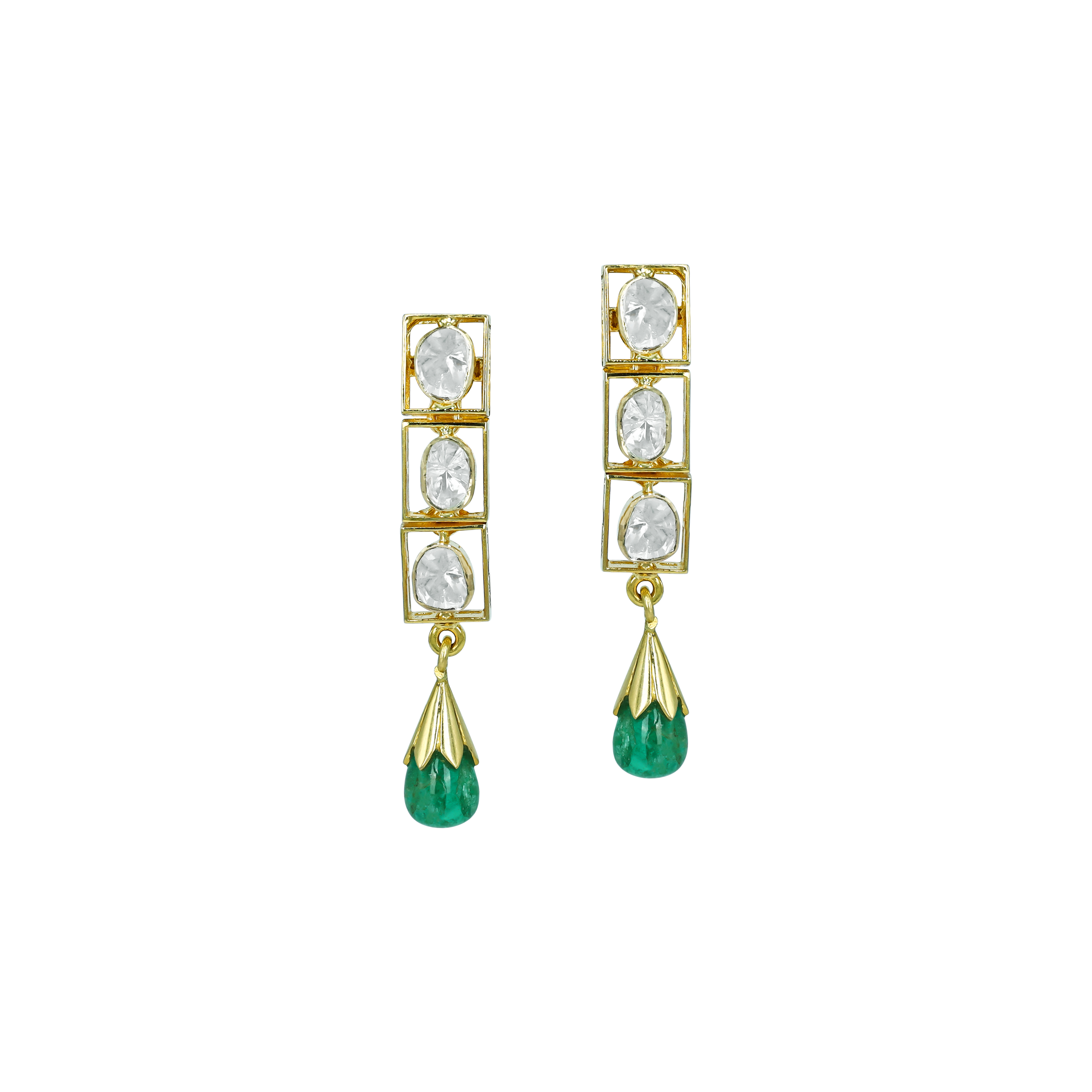 Linear Polki Diamond Earrings with Gold Frame and Emerald Drops