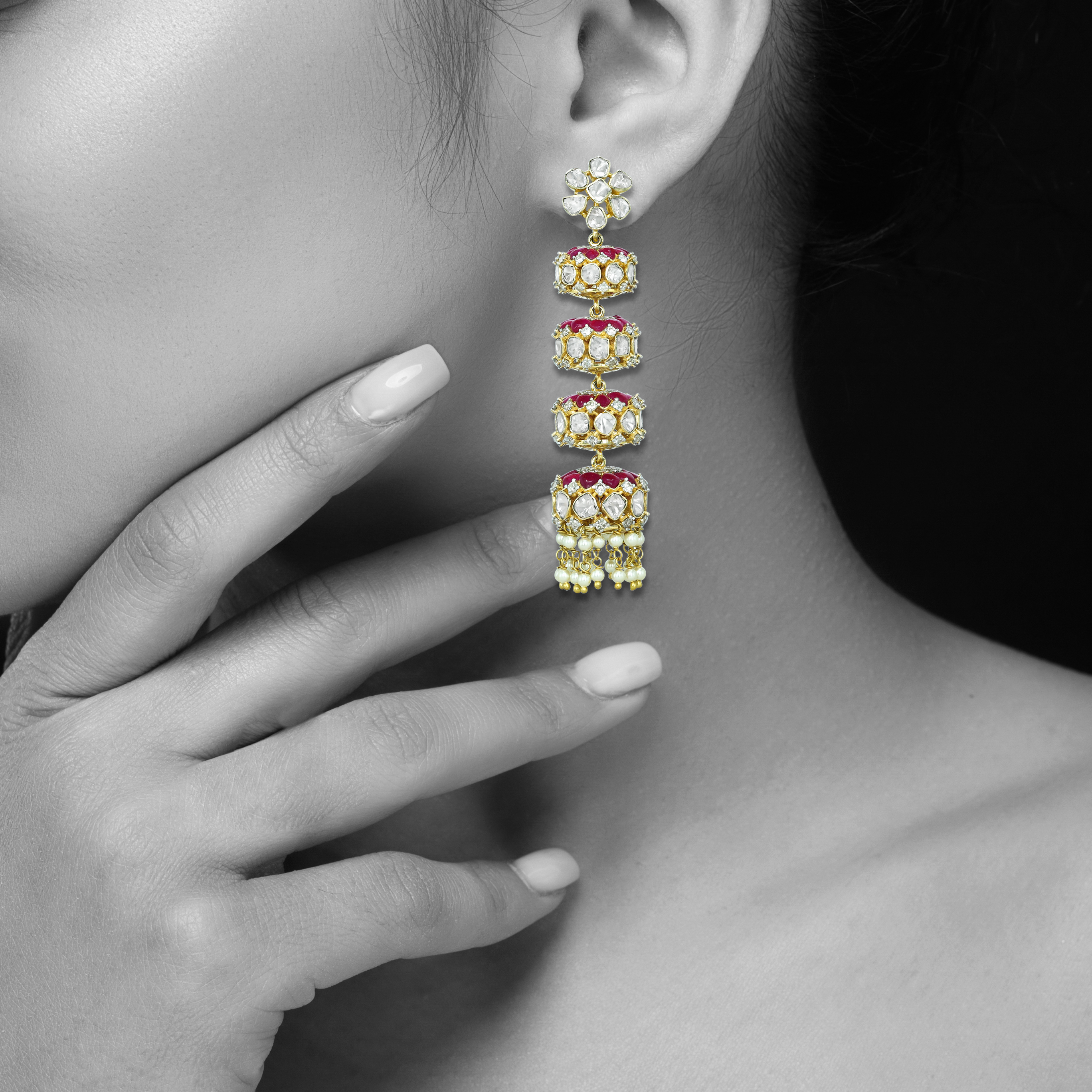 Tiered Polki Earrings with Red Talaf stone and Pearl Drops