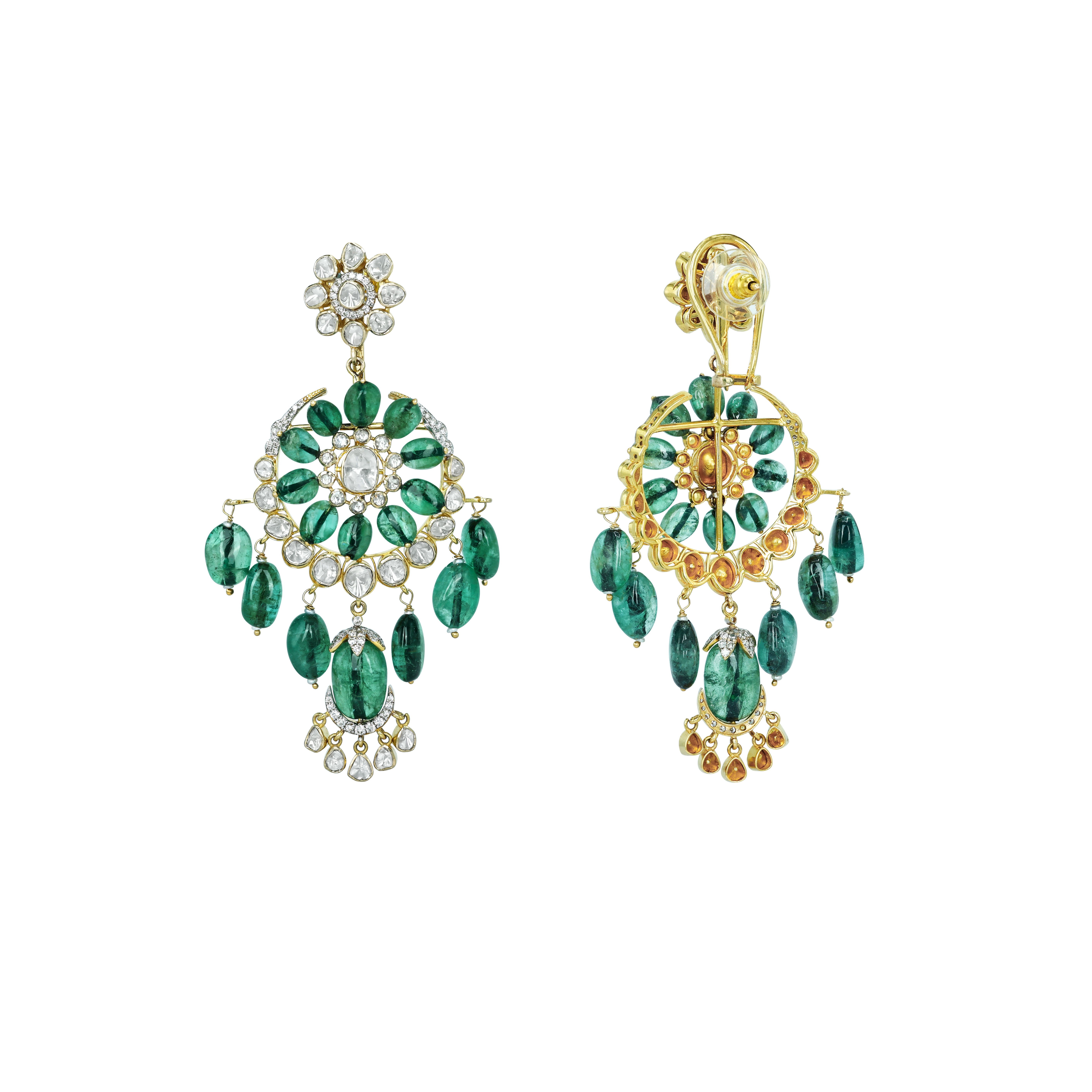 Chandelier Polki Earrings with Emerald Tumble and Floral Motif