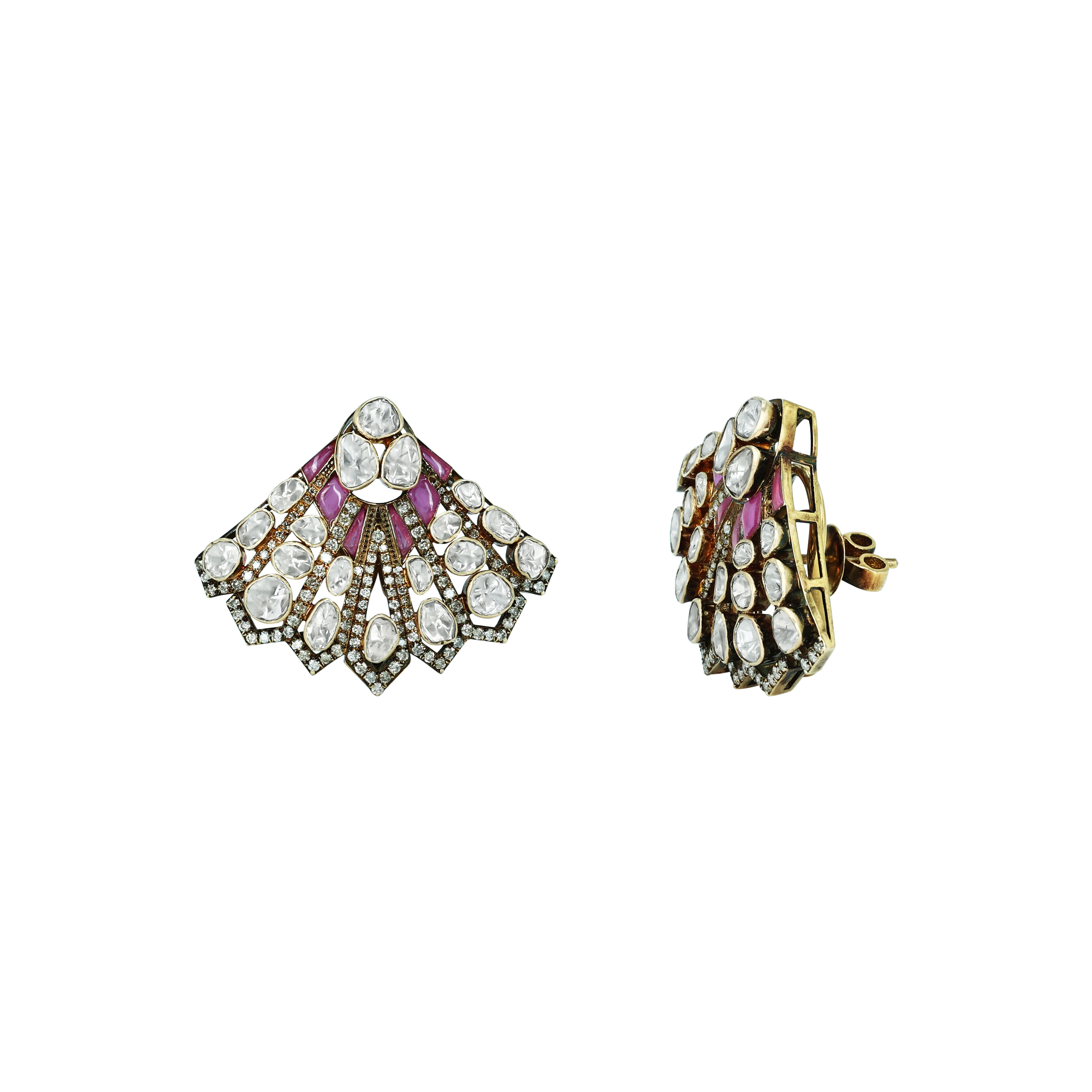 Antique Fan-Shaped Polki Stud Earrings with Pink Talaf