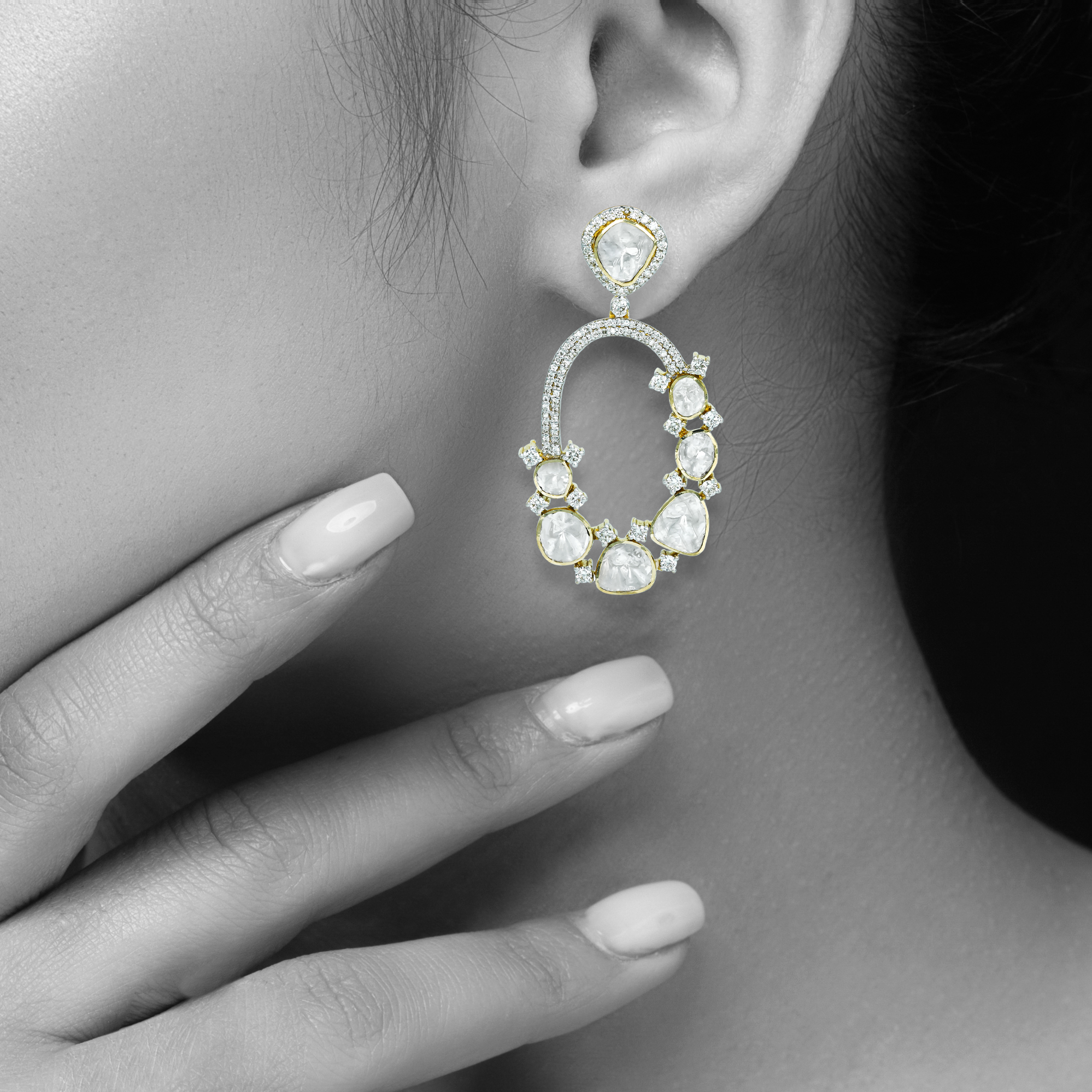 Elongated Polki Loop Earrings with Halo Diamond Detailing