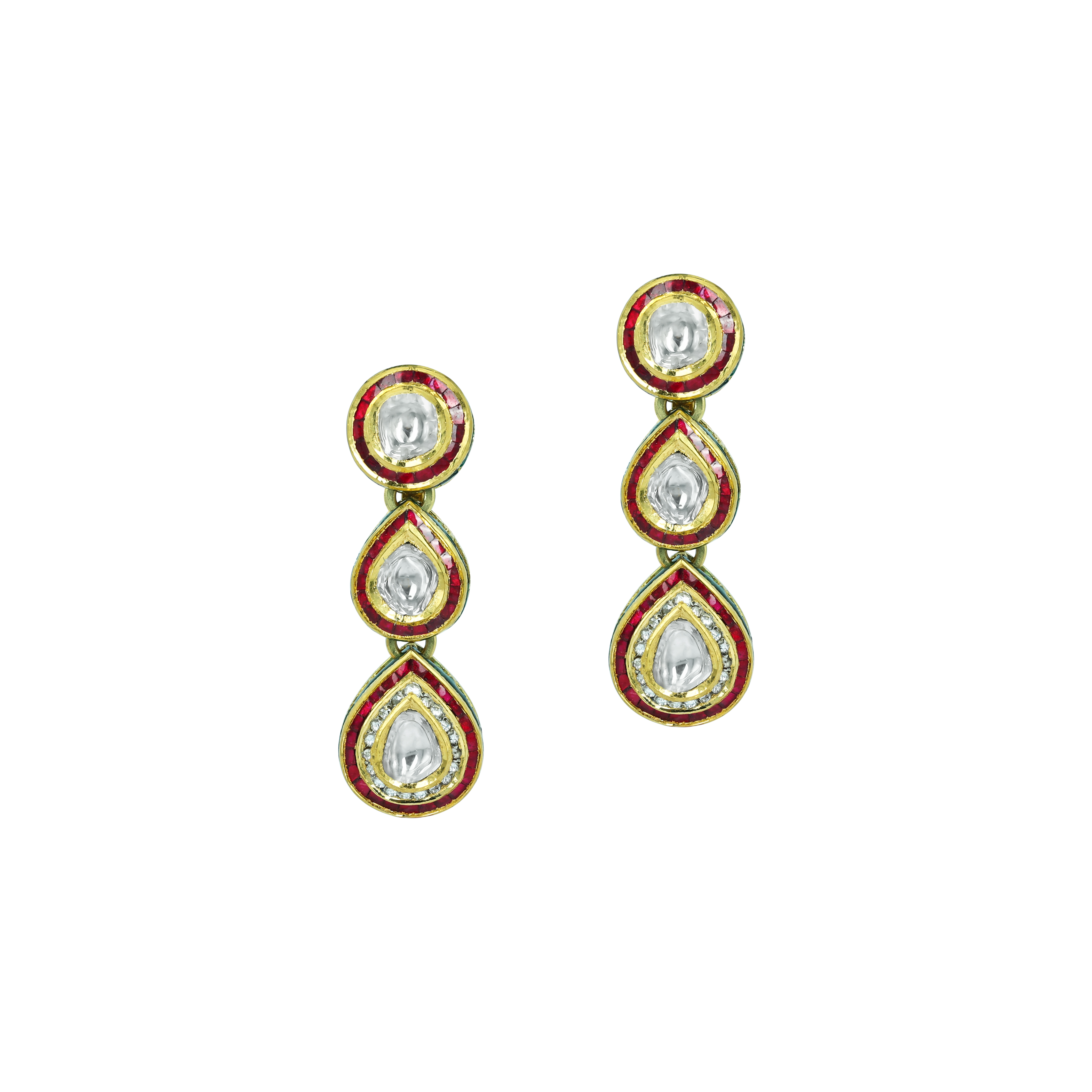 Triple-Tier Polki Earrings with Red Talaf