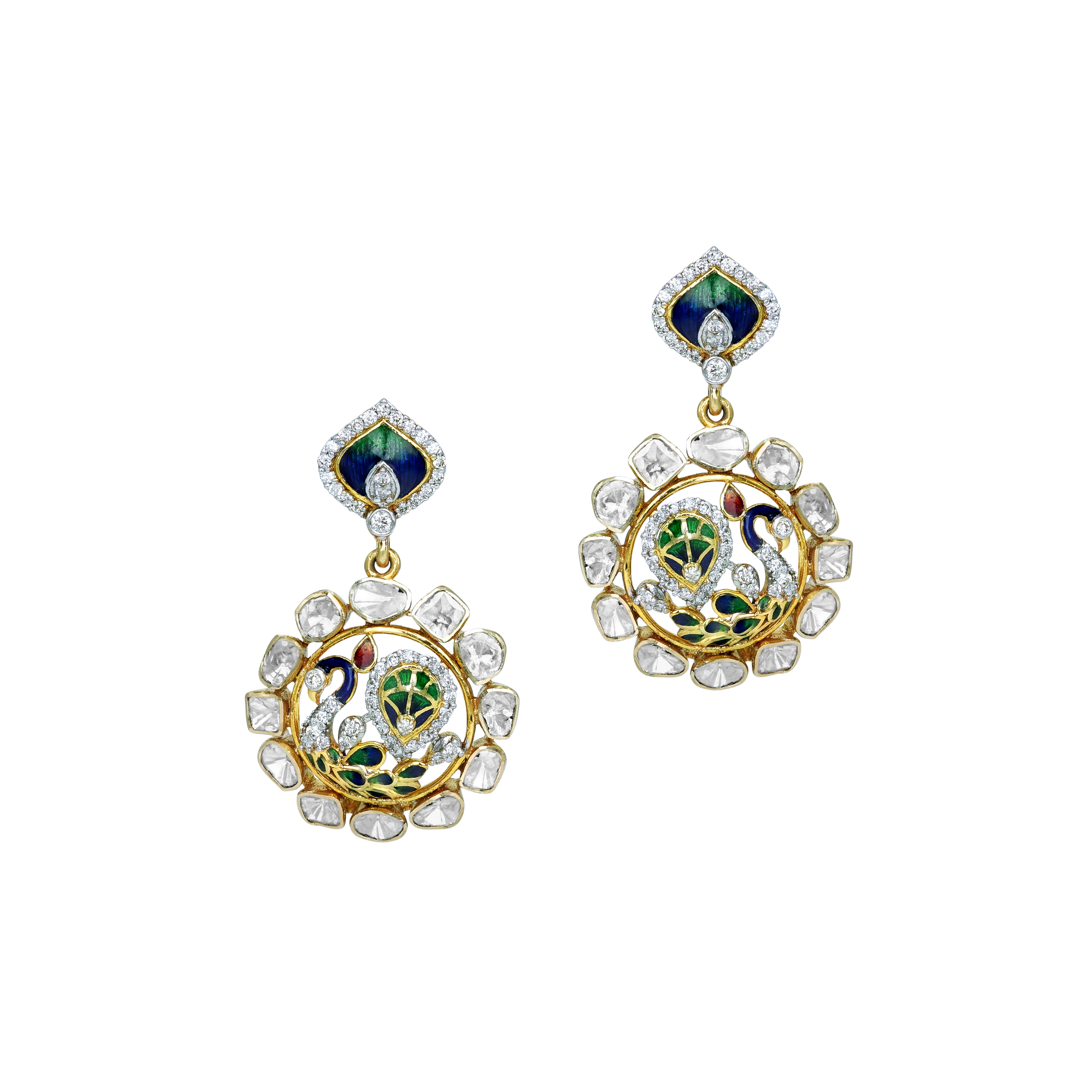 Peacock Motif Earrings with Polki and Enamel