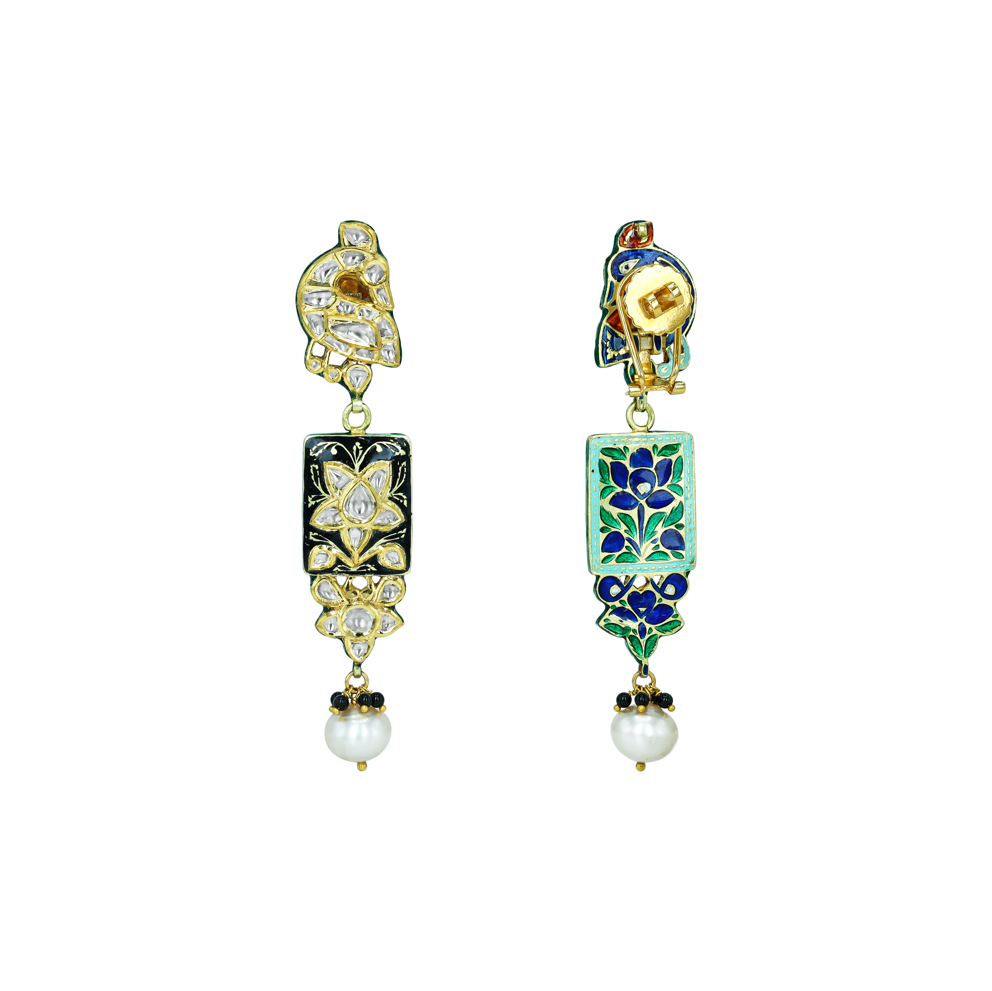 Polki Earrings with Black Enamel and Pearls