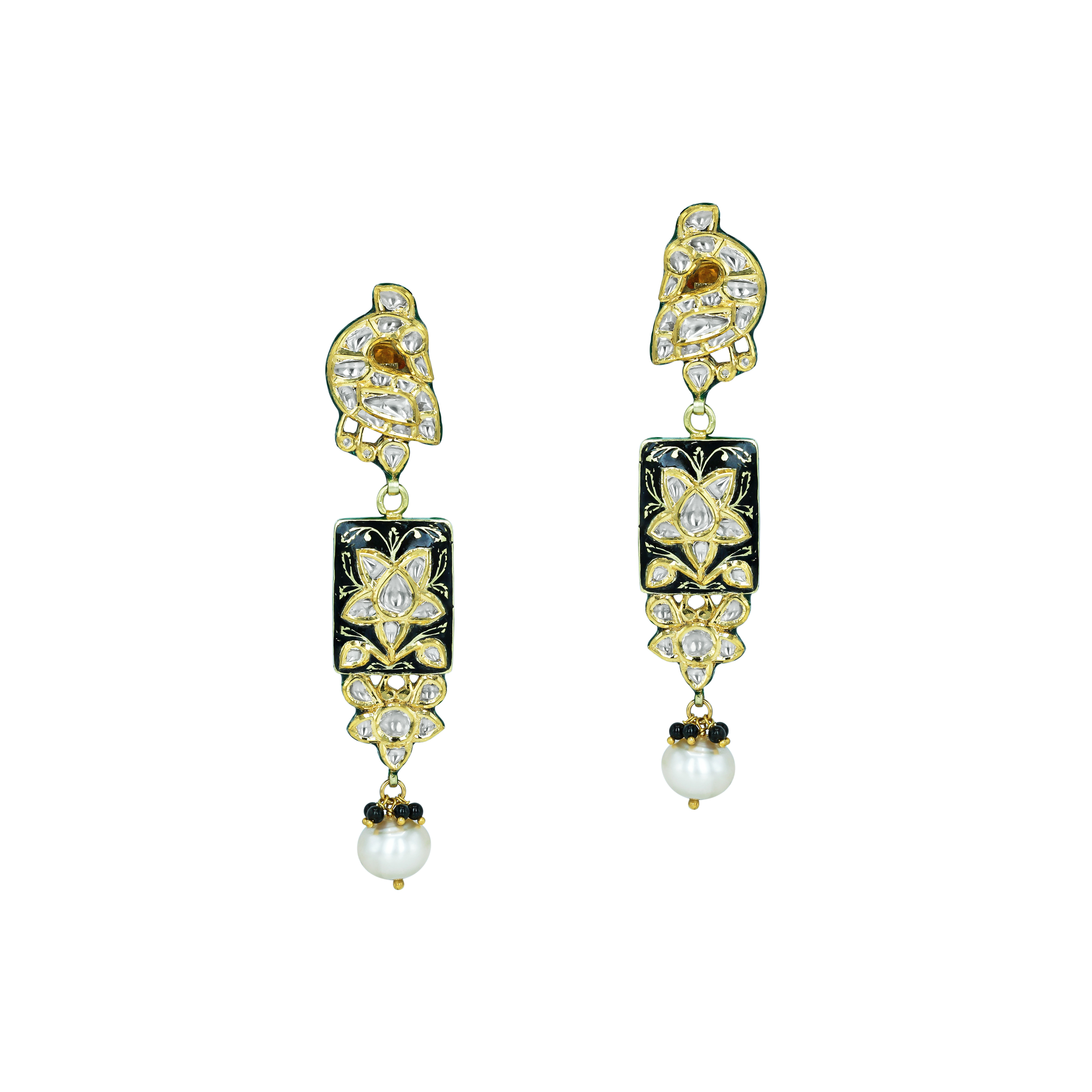 Polki Earrings with Black Enamel and Pearls