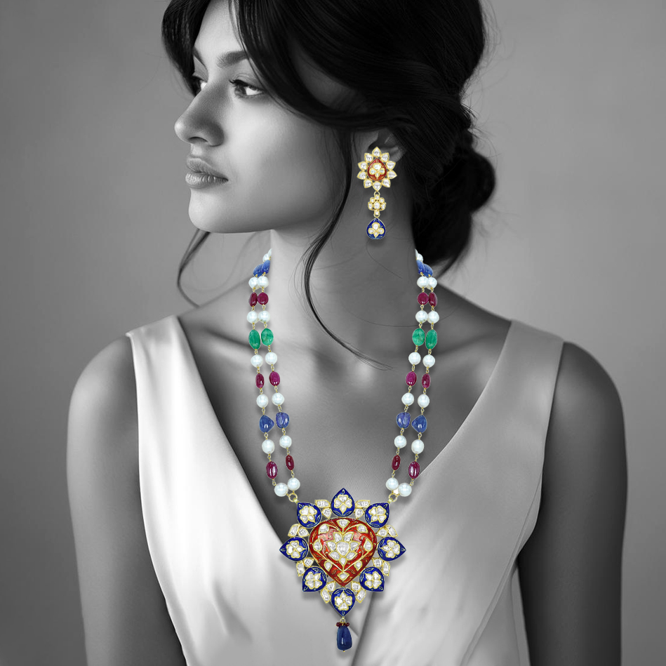 Floral Polki Necklace with Blue Red Enamel, Pearls, and Multi Gemstone Beads
