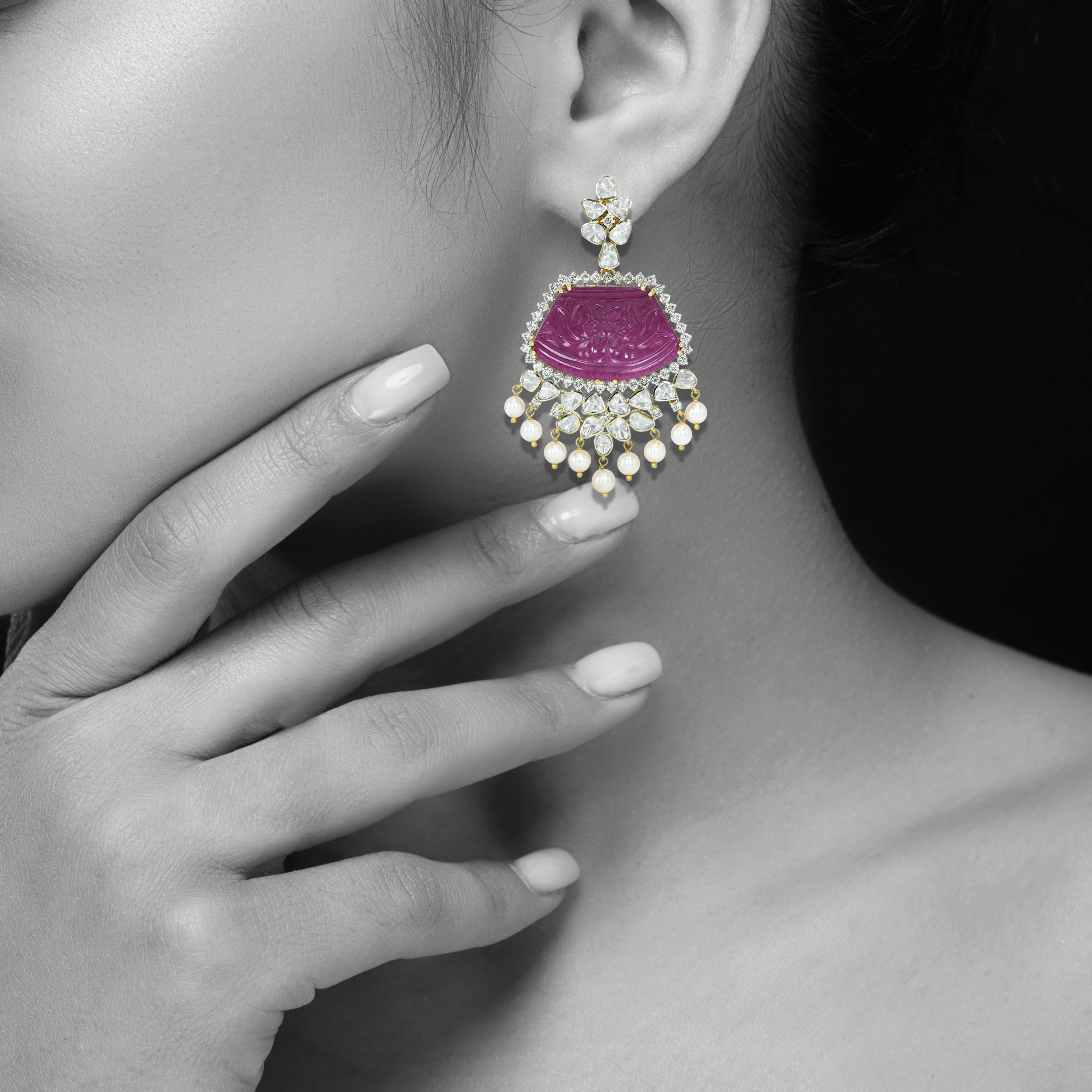 Carved Ruby Earrings with Polki Diamonds and Pearl Drops