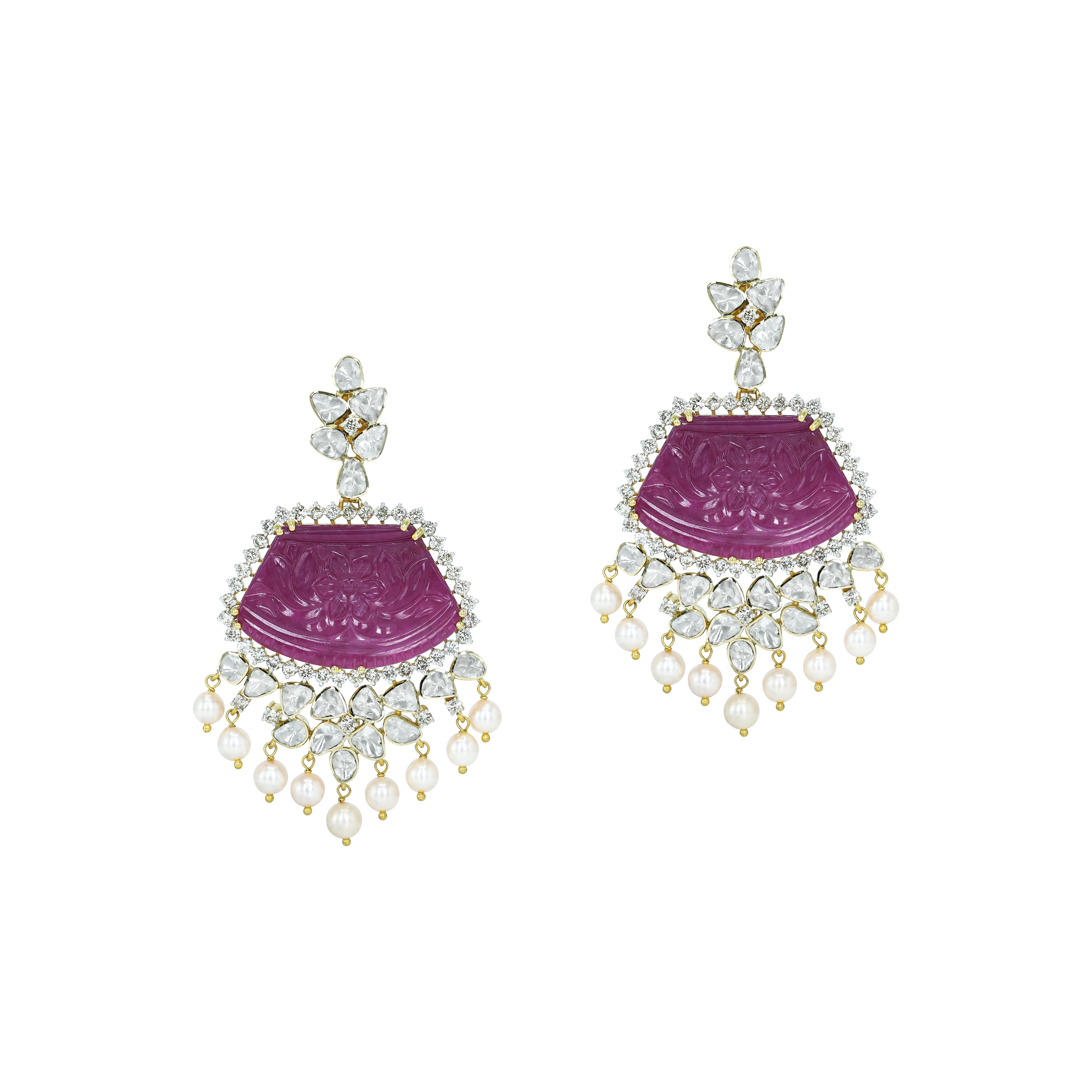 Carved Ruby Earrings with Polki Diamonds and Pearl Drops