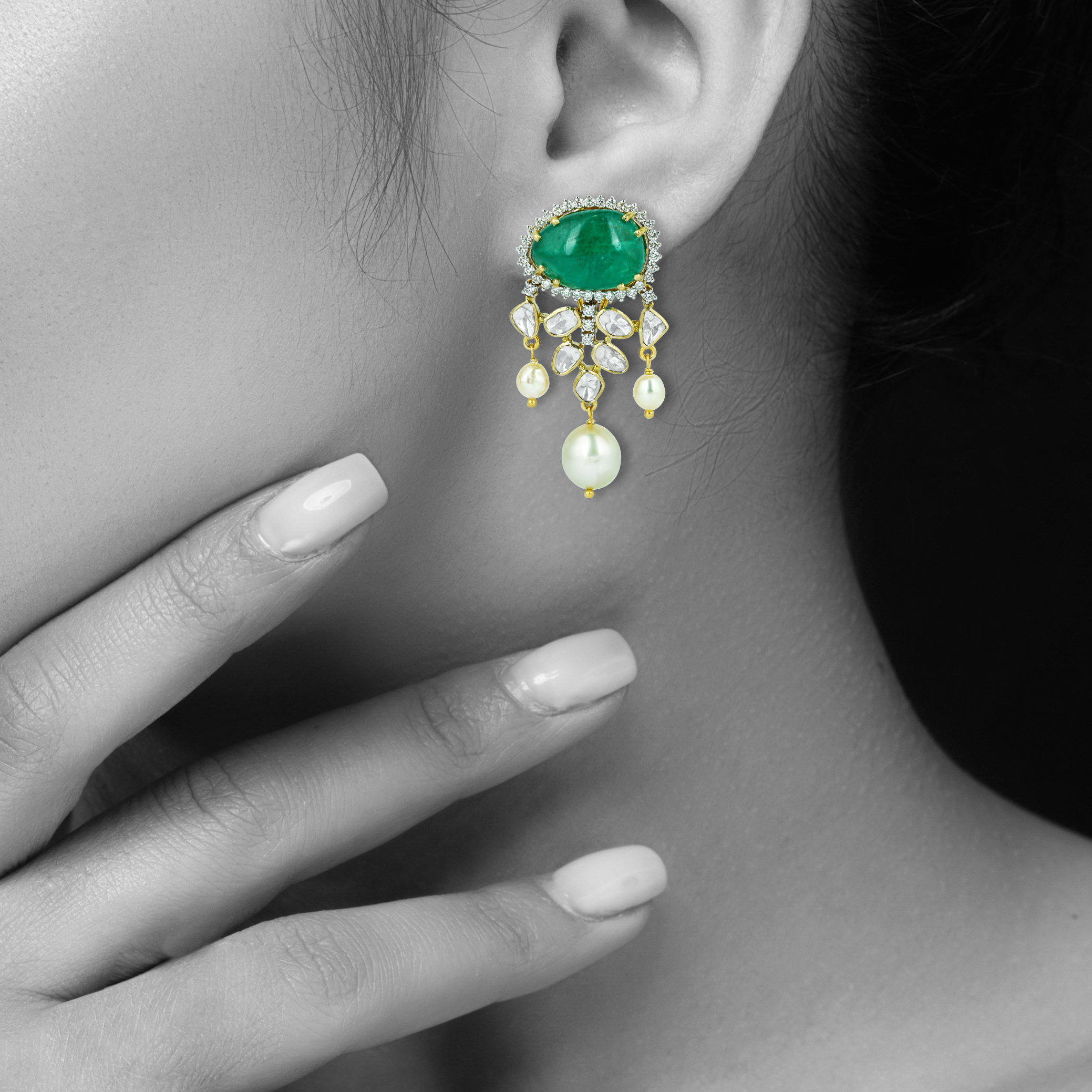 Emerald Earrings with Diamond Halo and Southsea Pearl Drops