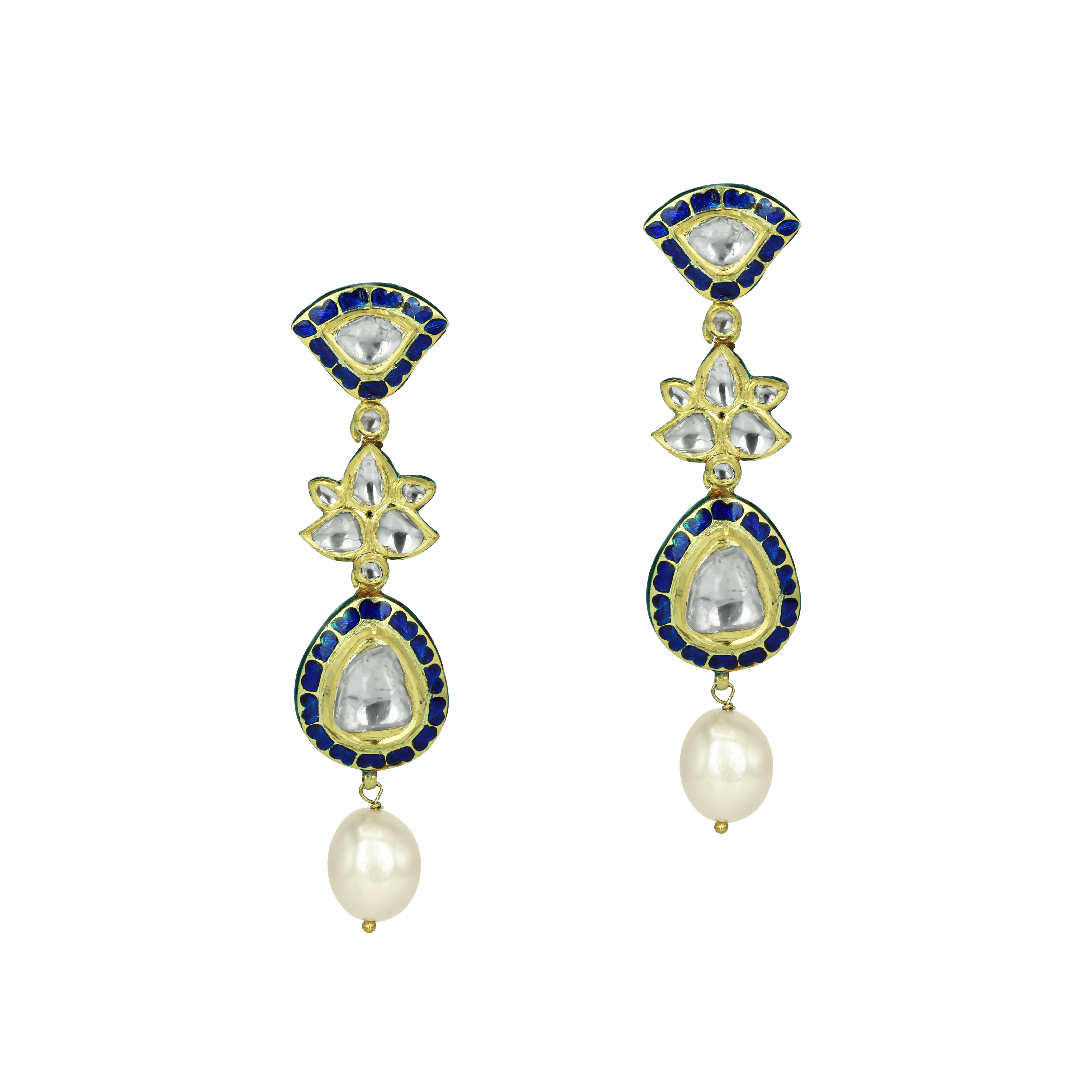 Teardrop Polki Earrings with Deep Blue Enamel