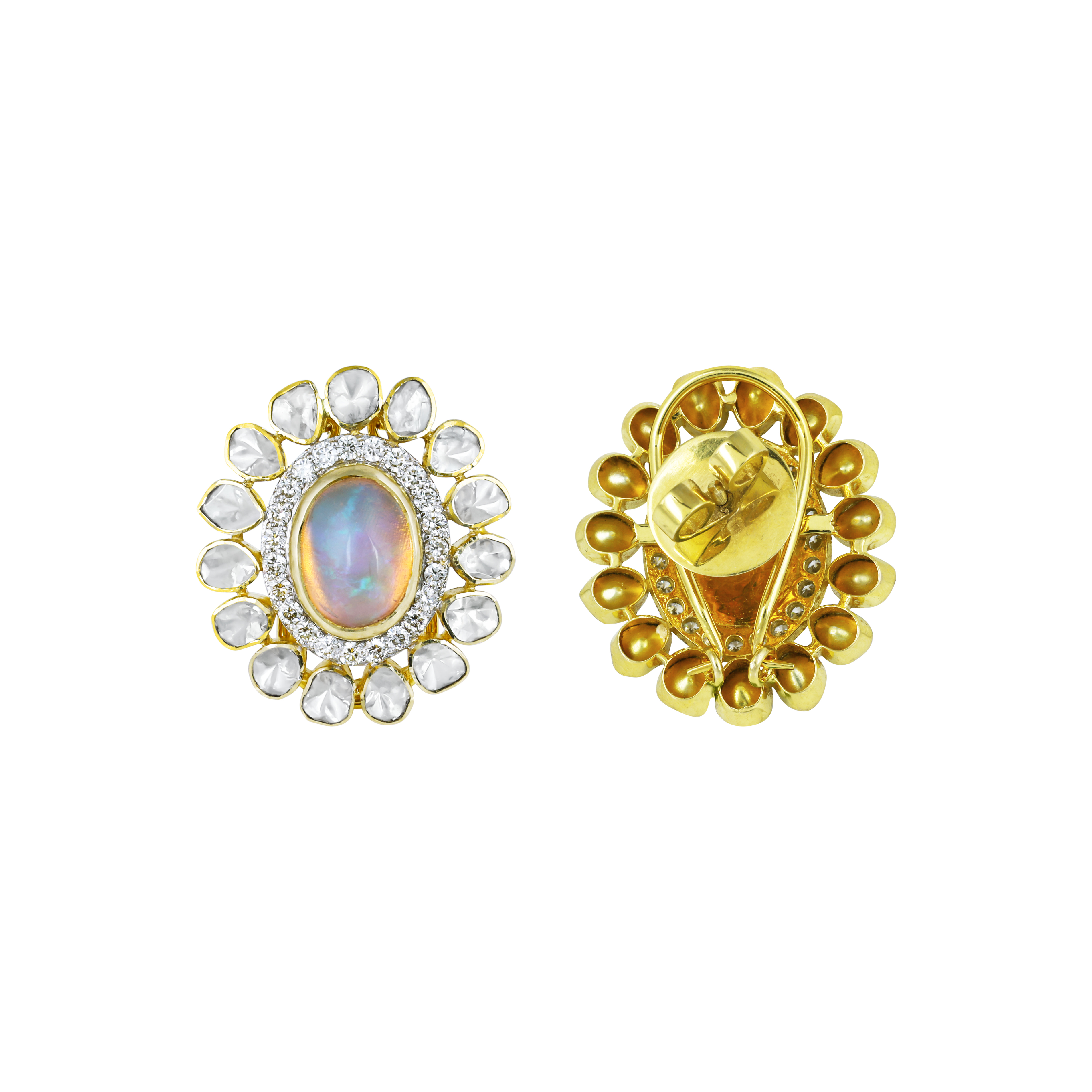 Opal Polki Floral Stud Earrings with Diamond Halo