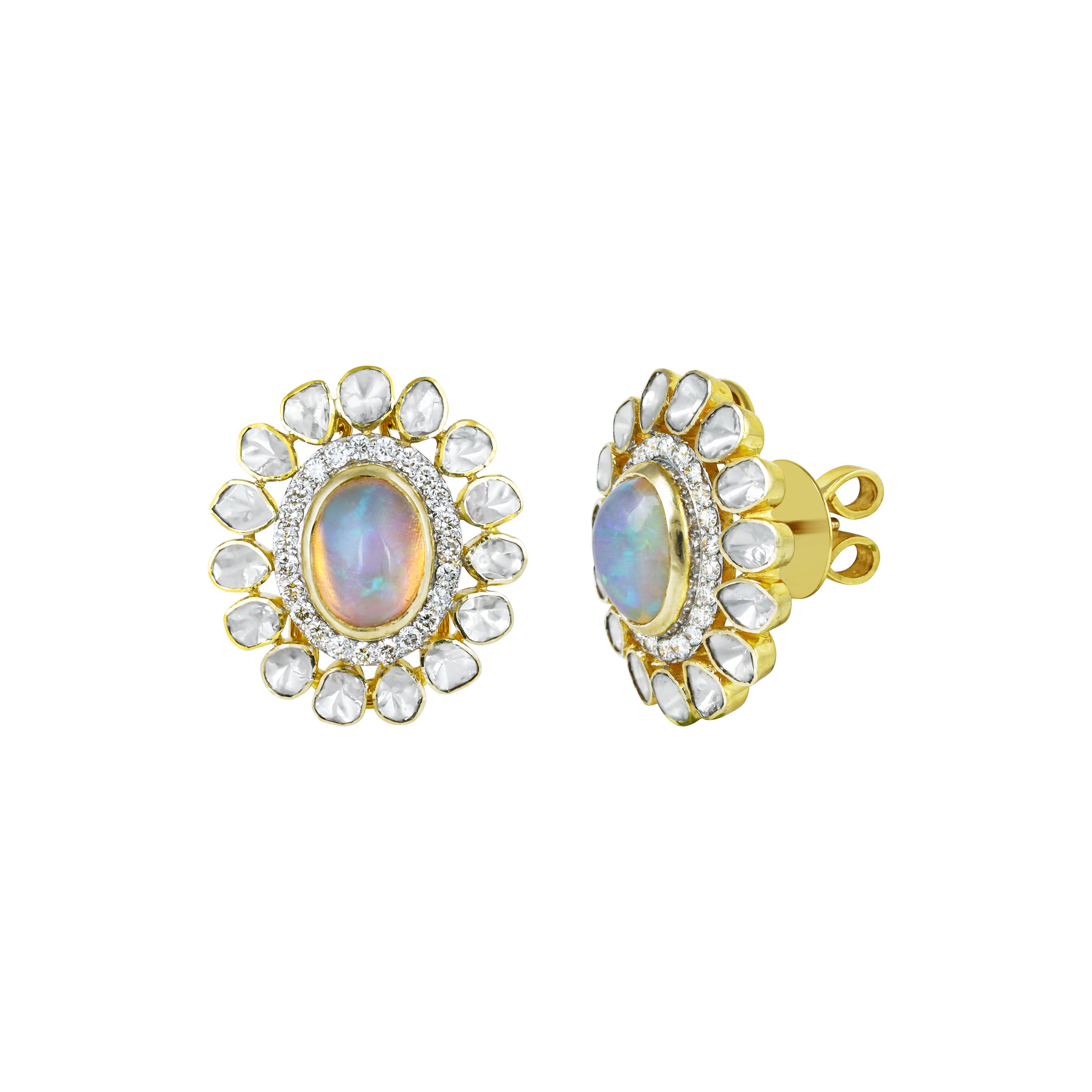 Opal Polki Floral Stud Earrings with Diamond Halo