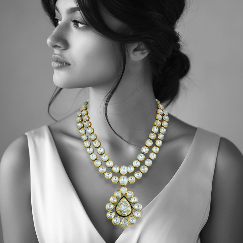 Double-Layer Polki Necklace with Floral Pendant