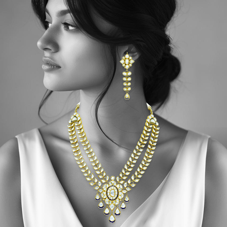 Gold Polki Necklace with Twin Petal Lines and Floral Center