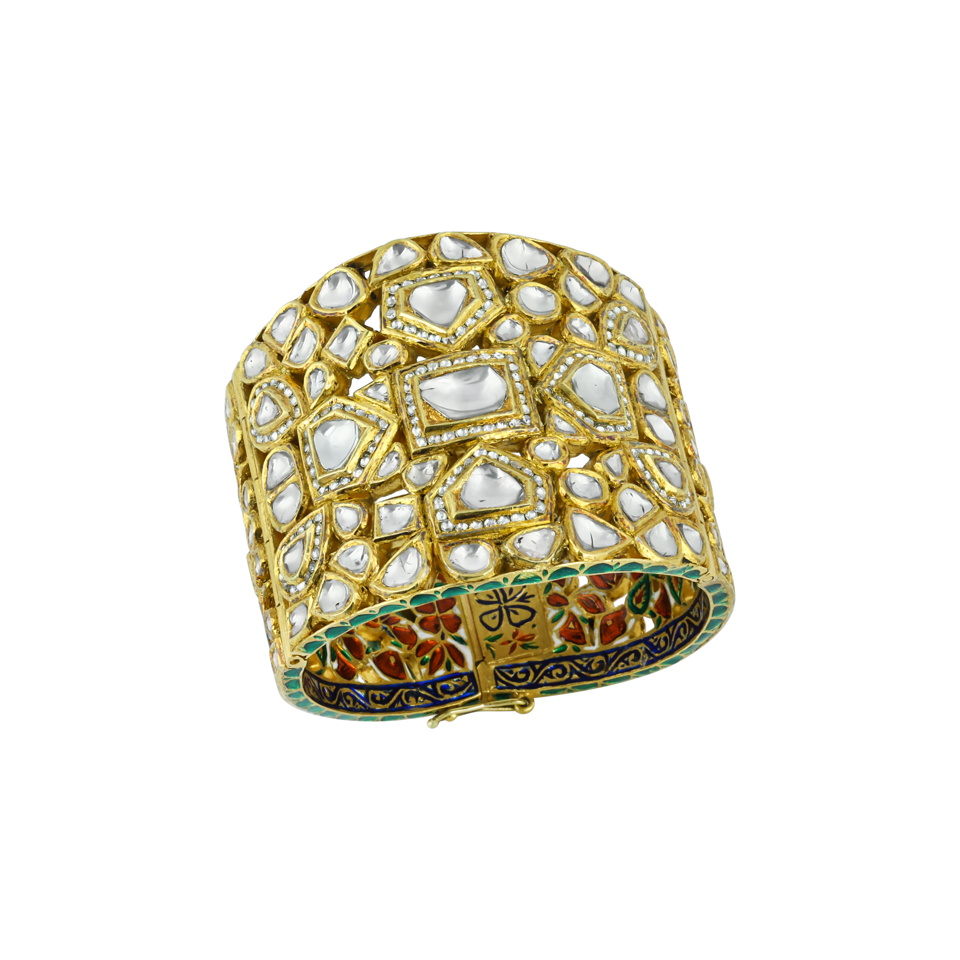 Broad Polki Cuff Bangle with Geometric Patterns