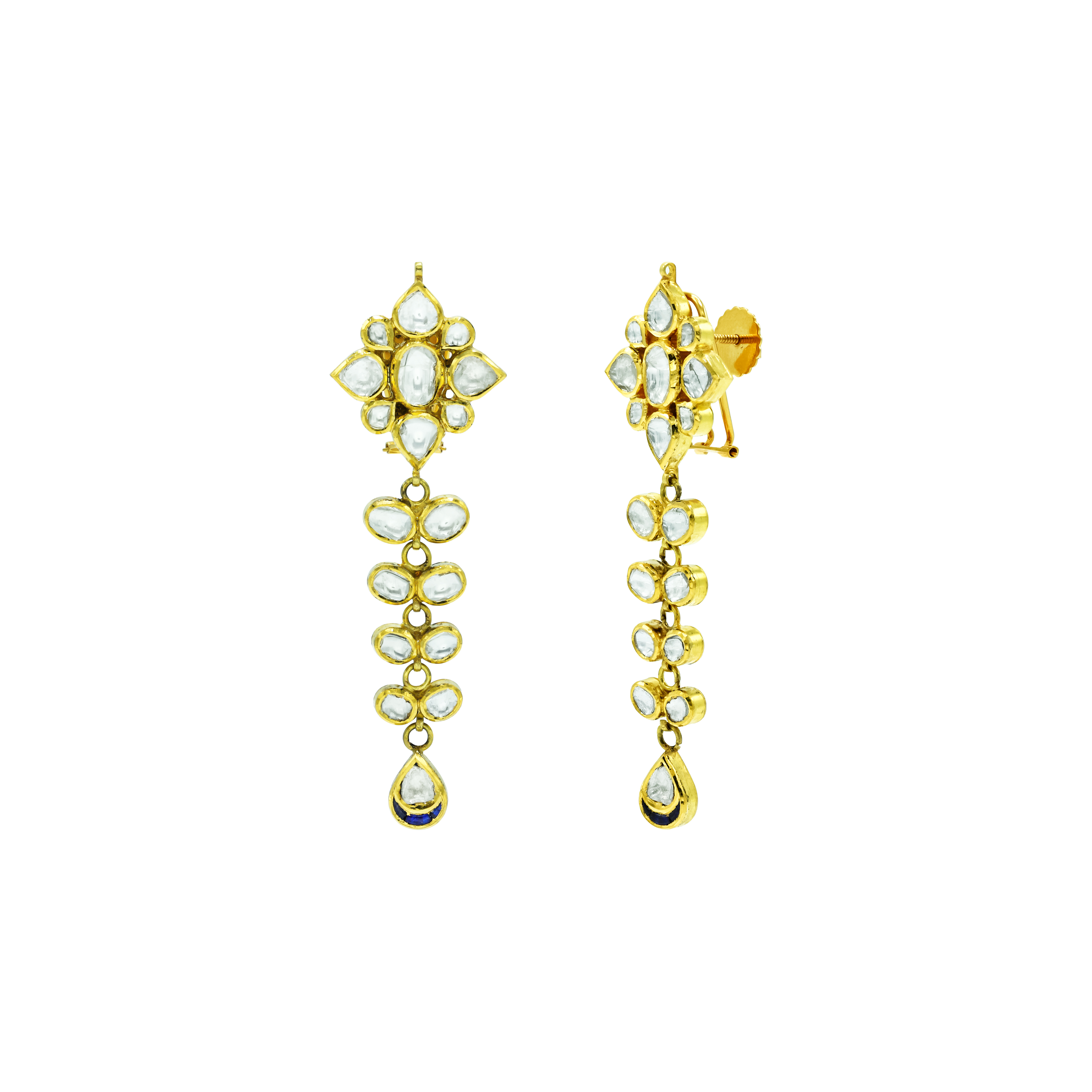 Gold Polki Drop Earrings with Floral Cluster and Teardrop