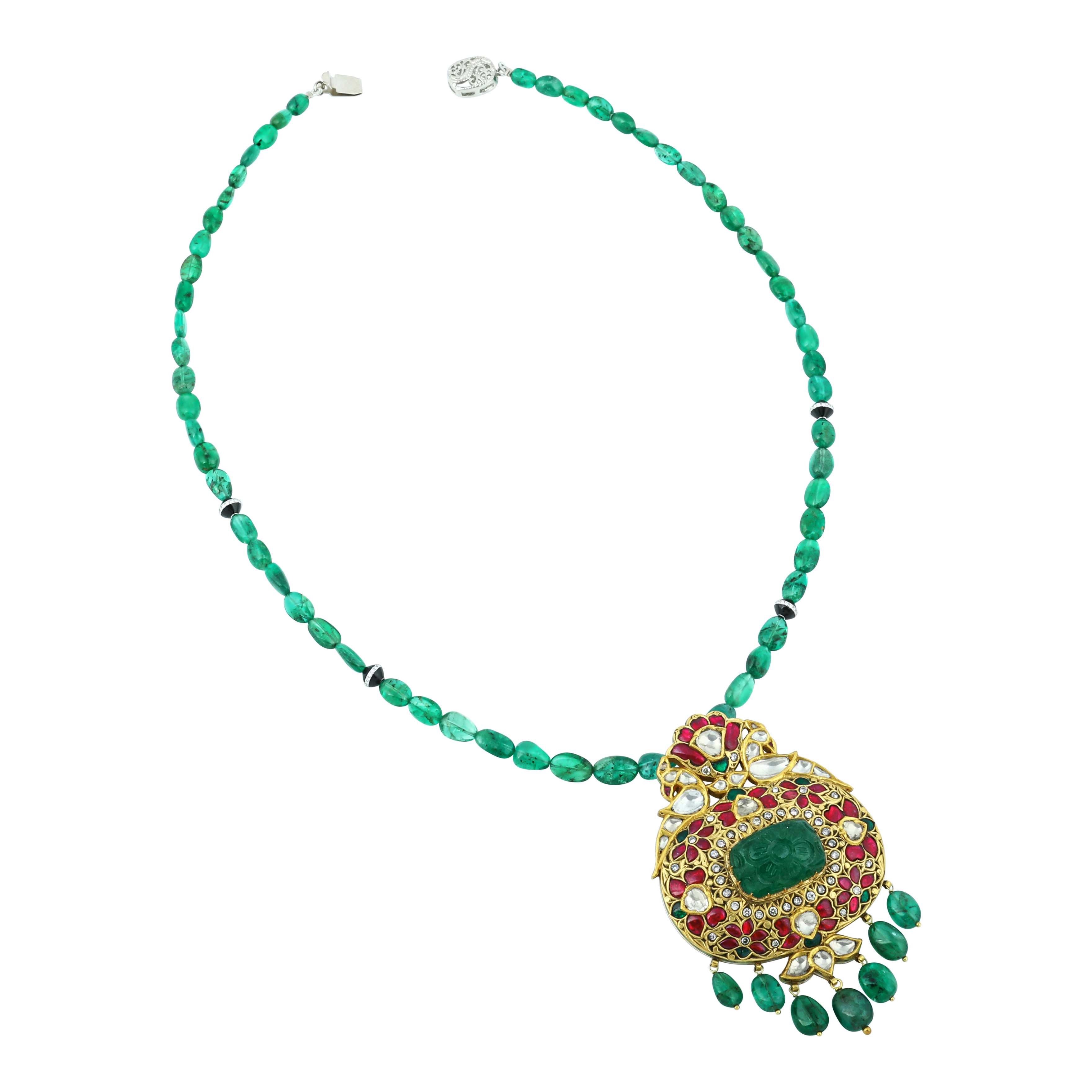 Emerald Bead Necklace Set with Red Talaf Pendant and Polki