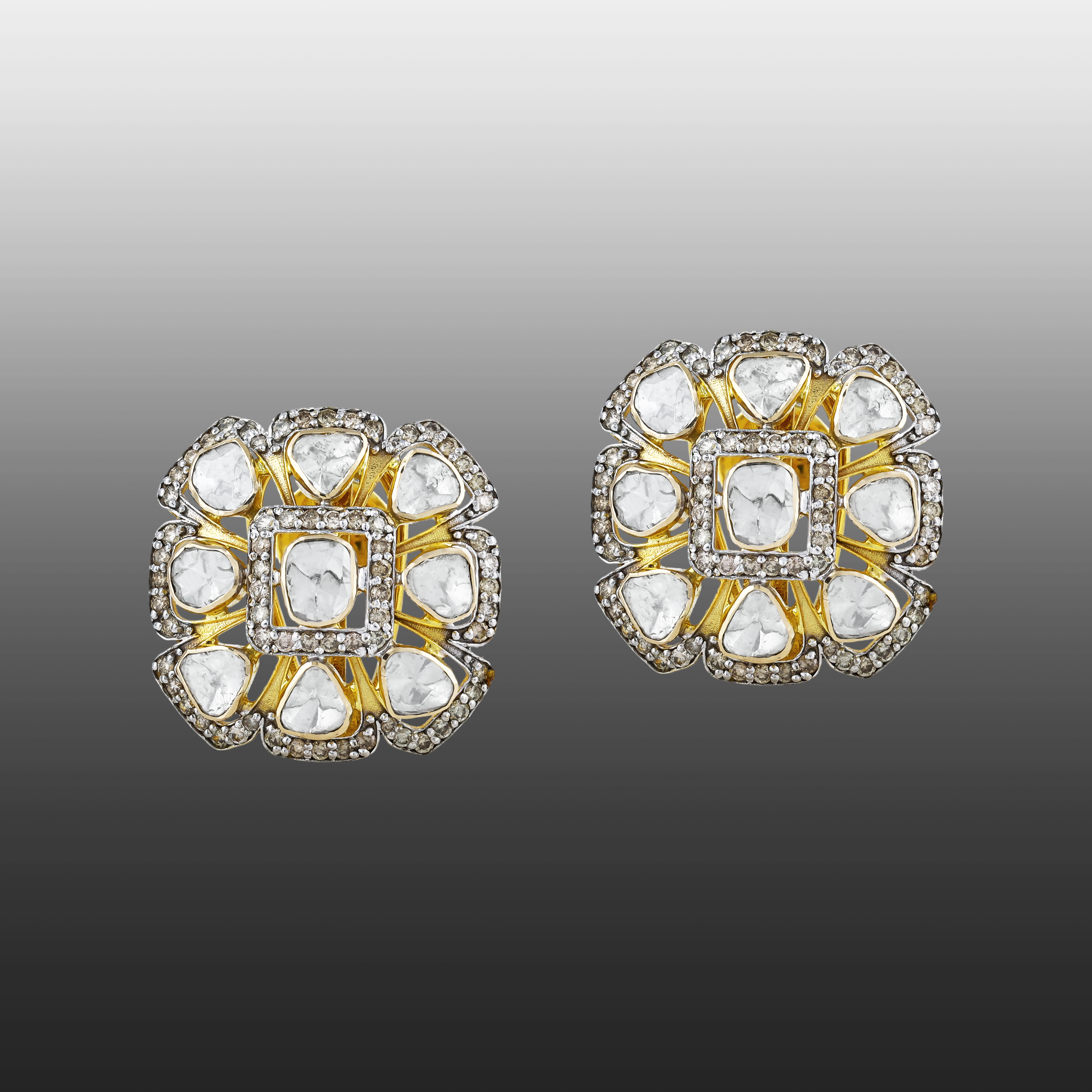 Floral Motif Earrings with Polkis and Diamond Borders