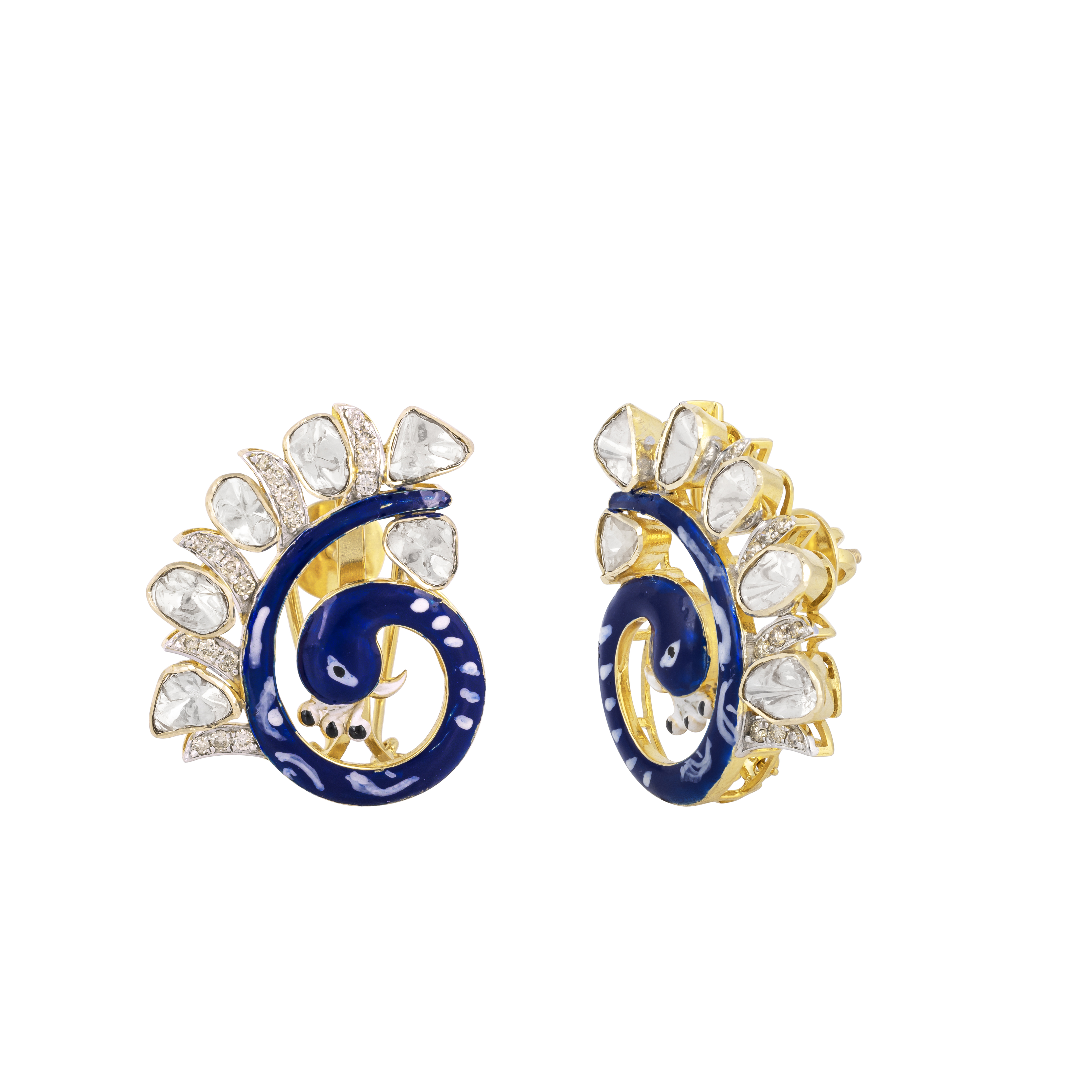 Peacock Earrings with Blue Enamel, Shimmering Diamonds and Polkis