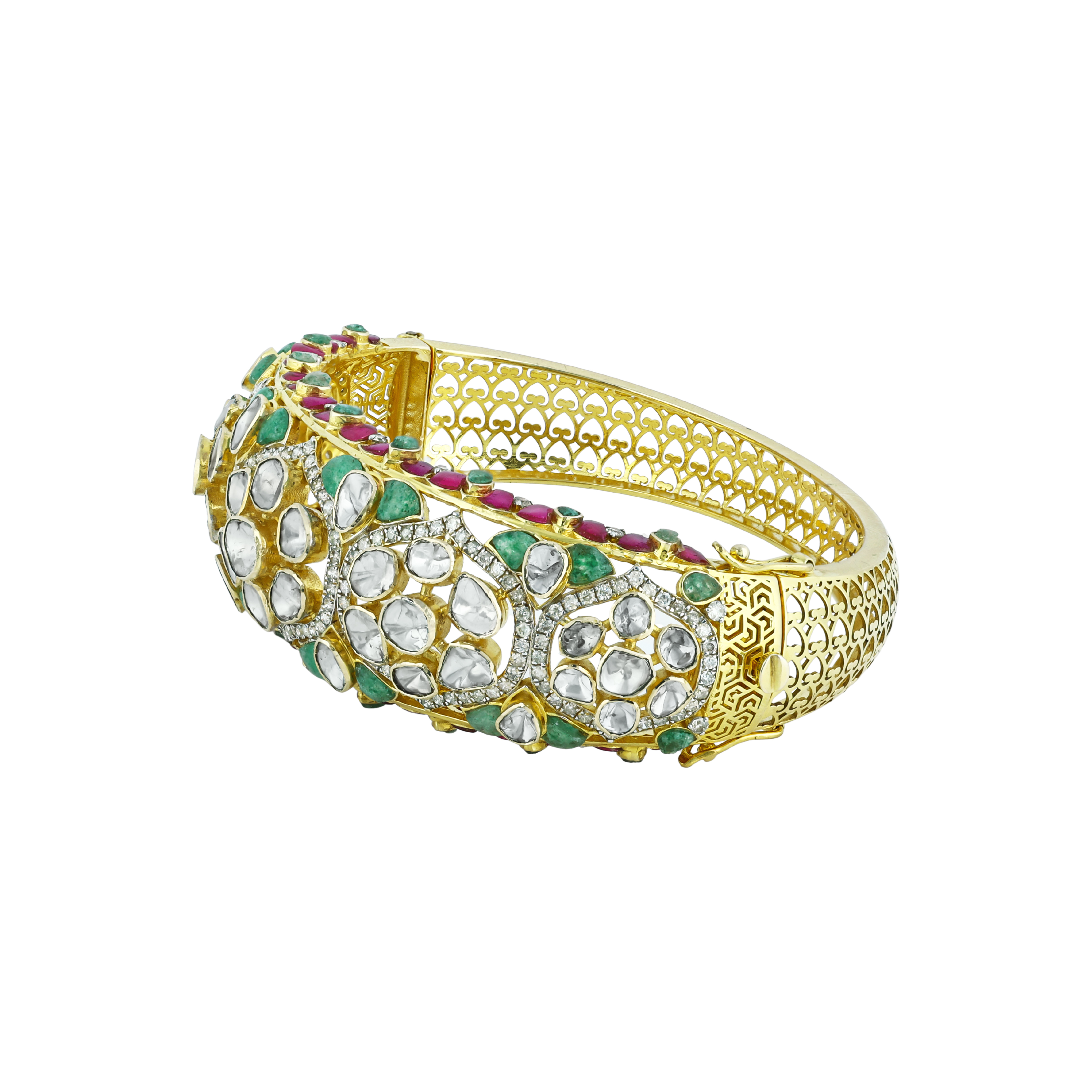 Polki Bangle with Green and Red Talaf, and Diamond Detailing