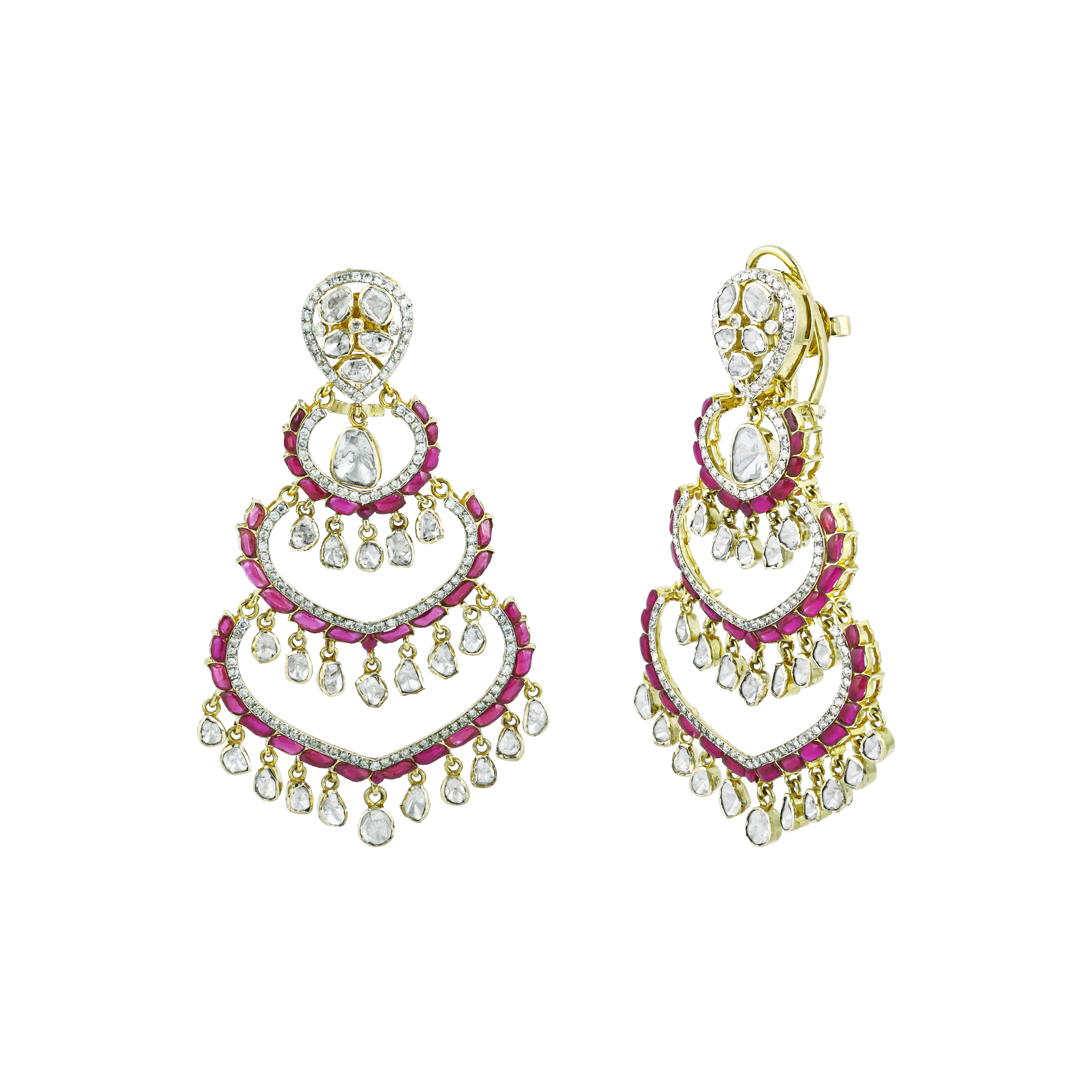 Chandelier Earrings with Polki, Red Talaf Accents and Diamonds