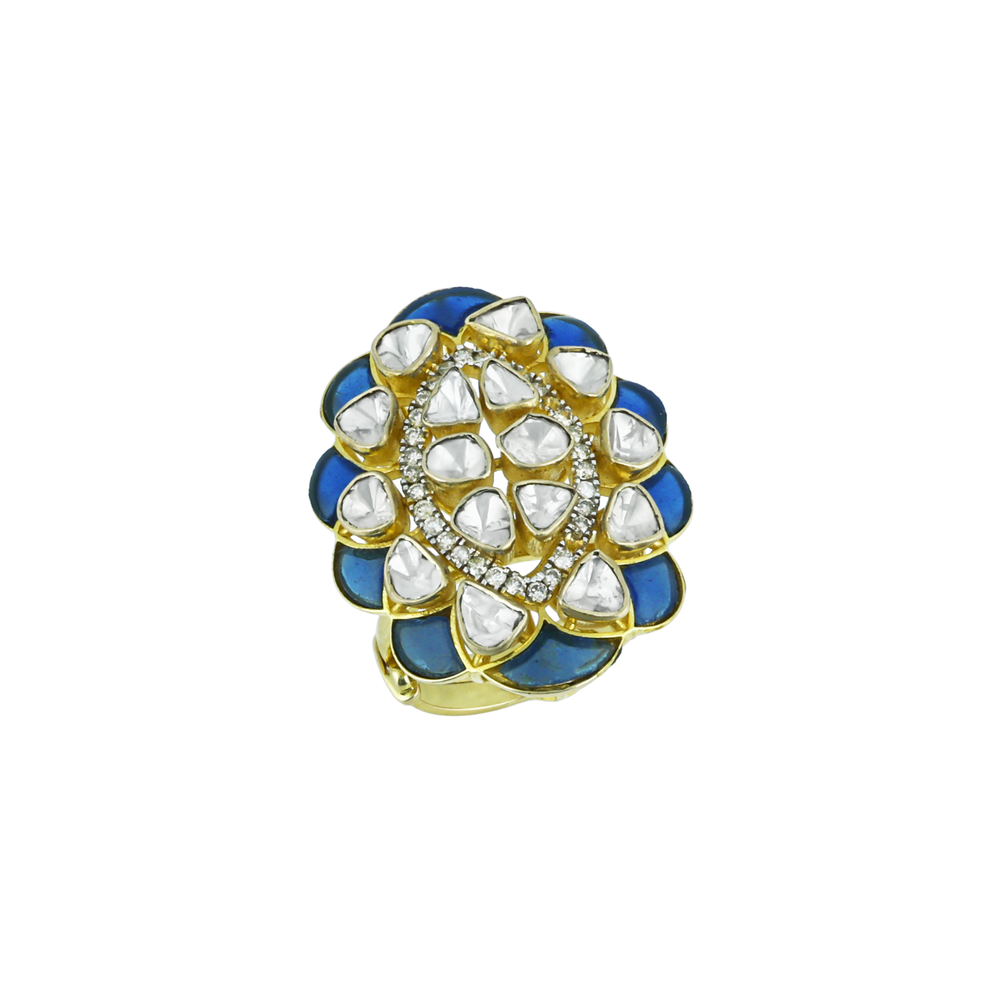 Floral Polki Ring with Blue Talaf and Diamonds