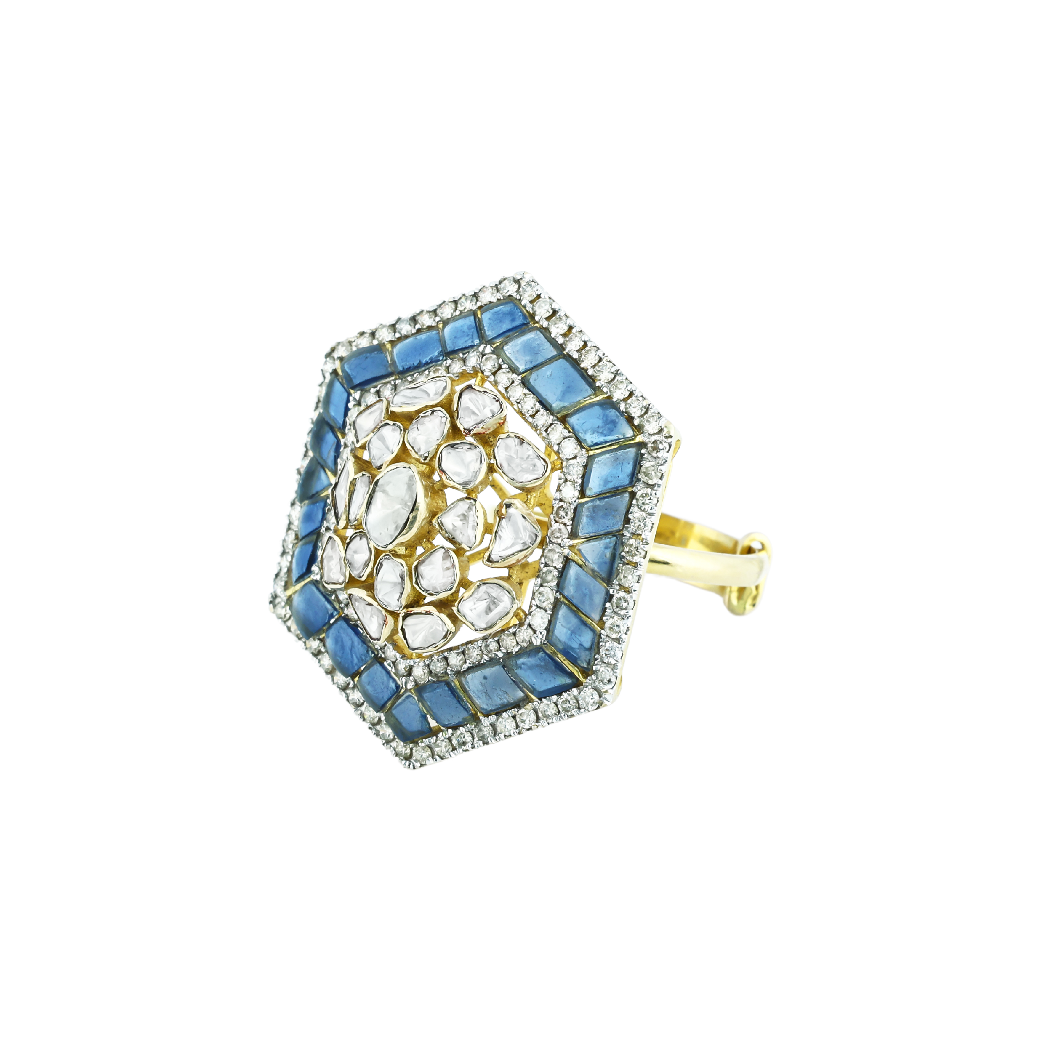 Hexagonal Polki Ring with Blue Talaf and Diamond Halo