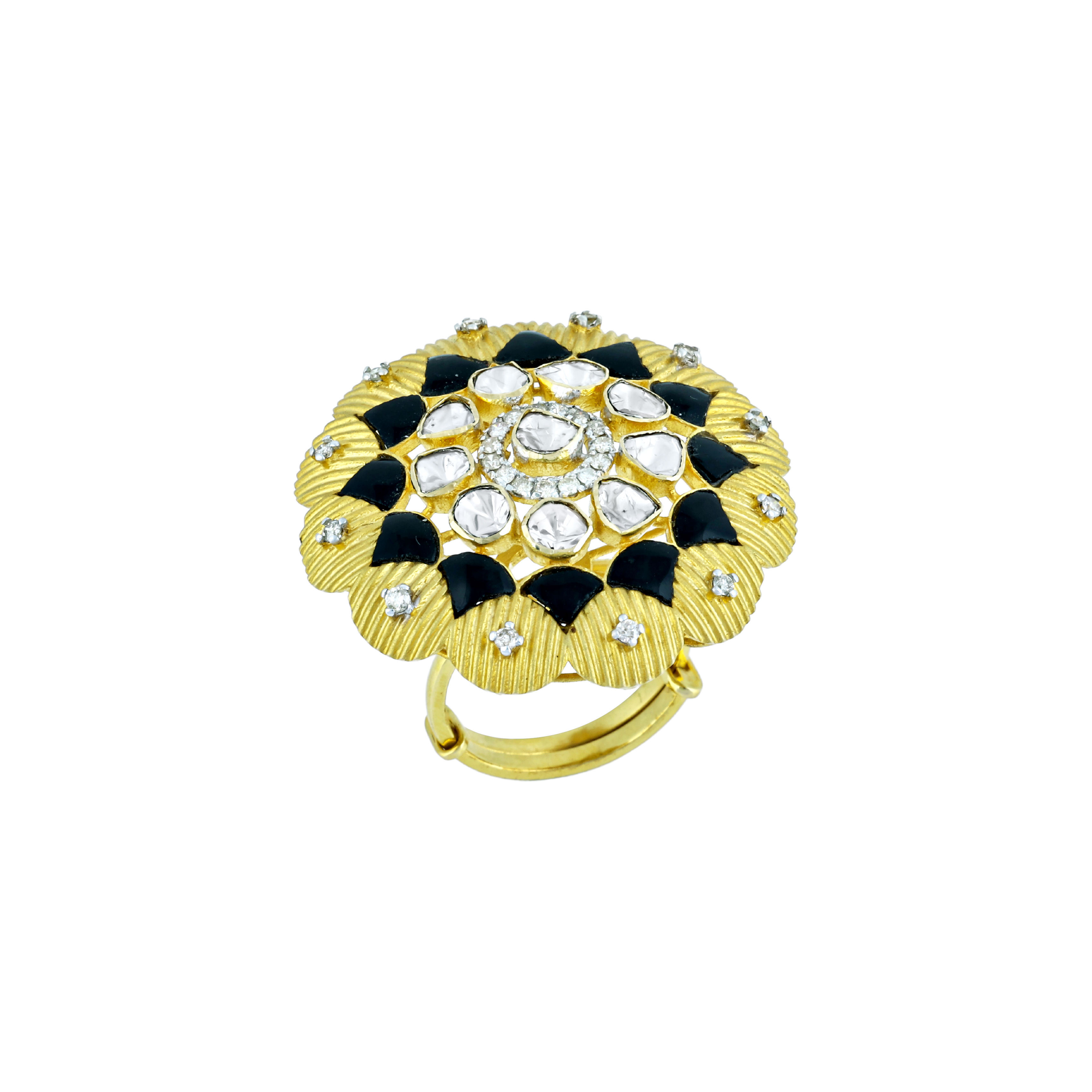 Polki Ring with Black Enamel, Gold Detailing, and Diamonds