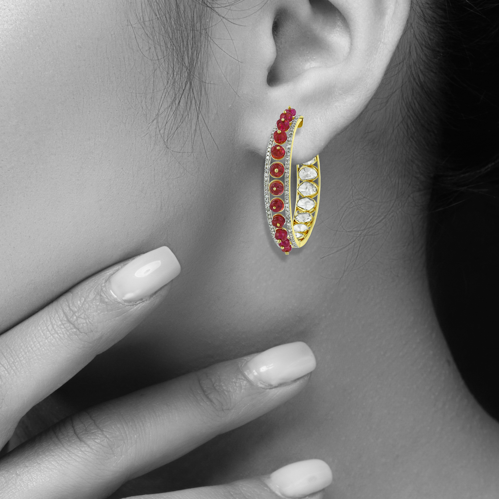 Polki Hoop Earrings with Red Beads and Diamond Border