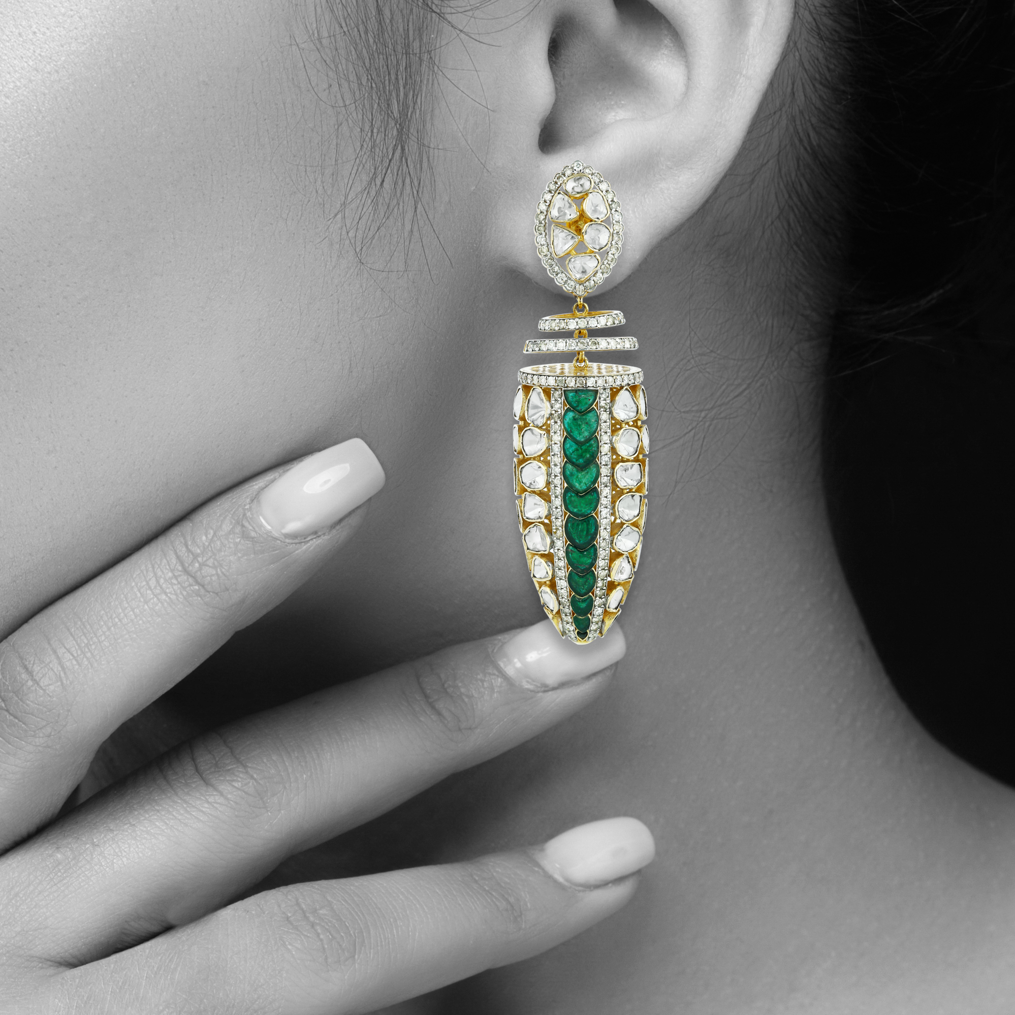 Polki Earrings with Emerald Talafs and Layered Gold Rings
